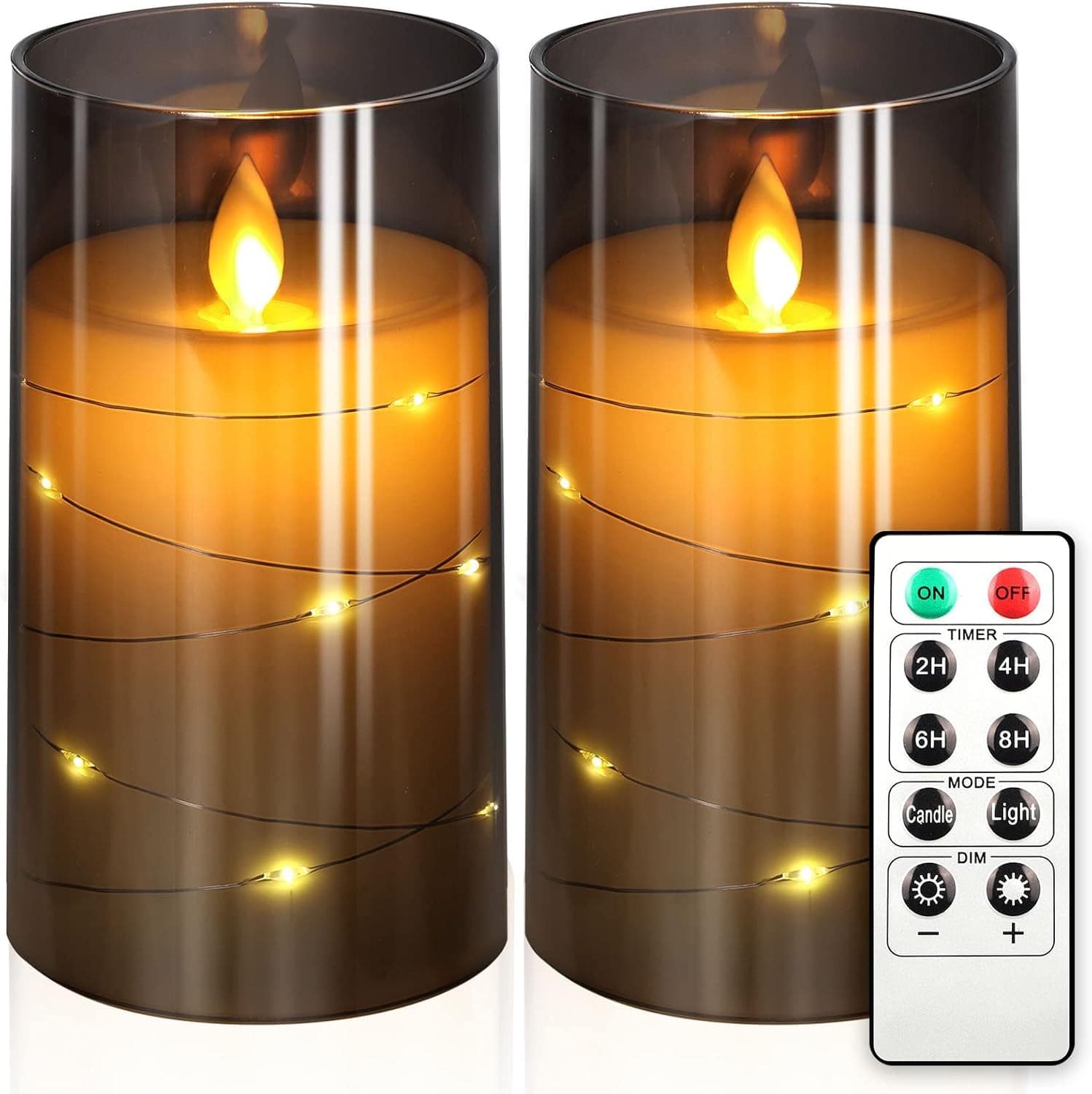 NURADA 3"x5"Flickering Flameless Candles: Built-in Star String Lights, Unbreakable Glass Battery Operated LED Pillar Candles - Acrylic Battery Candles with Remote and Timer, Gray