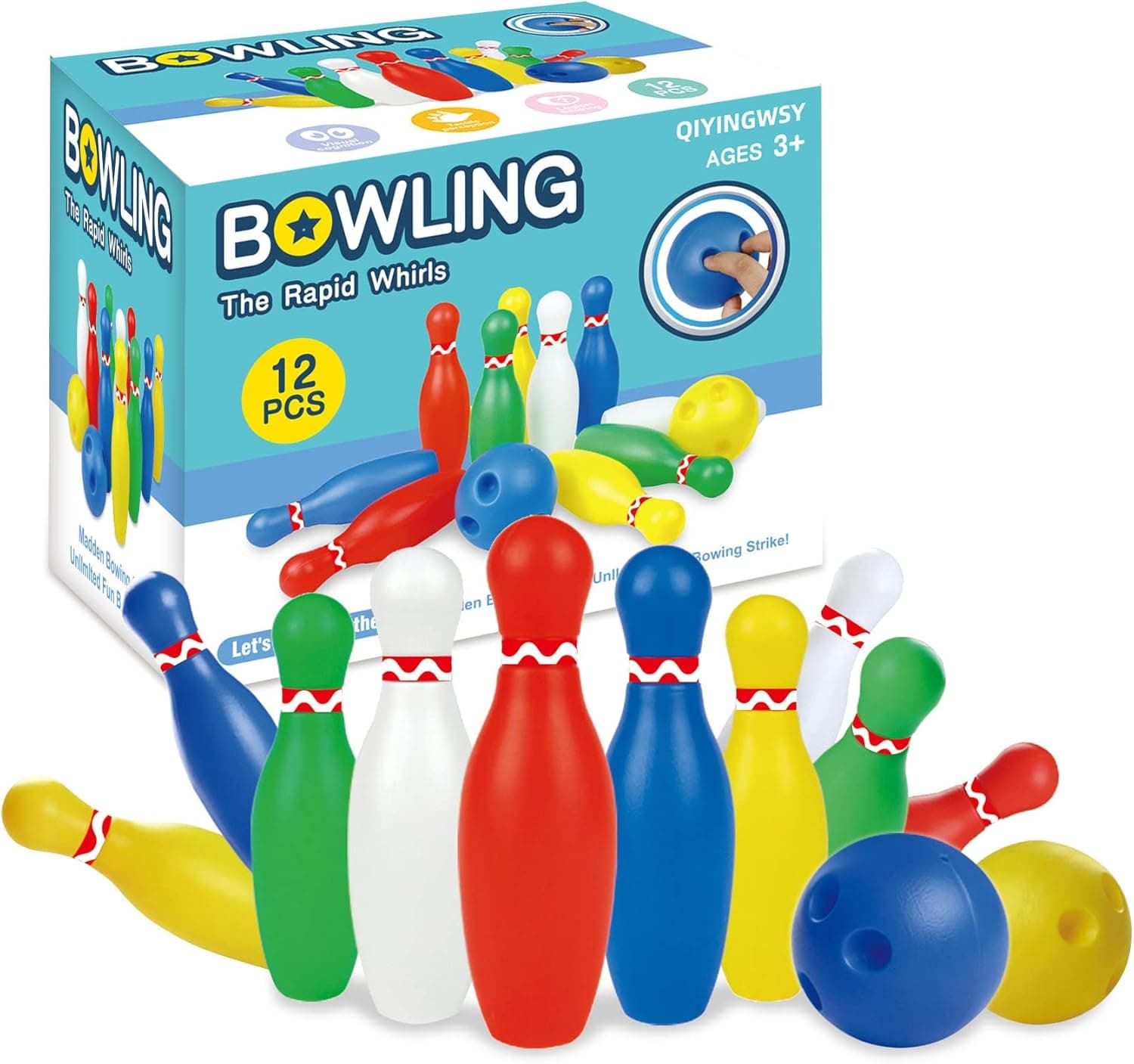 QIYINGWSY Bowling Pins Ball Toys Small Plastic Bowling Set Fun Indoor Family Games with 10 Mini Pins and 2 Balls Educational Toy Birthday Gift for Kids Toddlers Boys Girls Children 3 4 5 6 Years 12Pcs