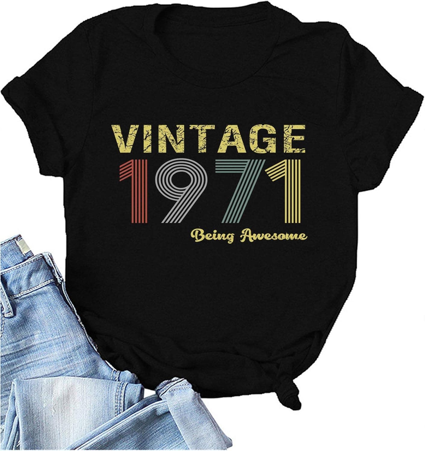 Vintage 1971 Tees for Women 50th Birthday Gift Shirts for Women Original Parts Letter Tees Shirts Tops Black