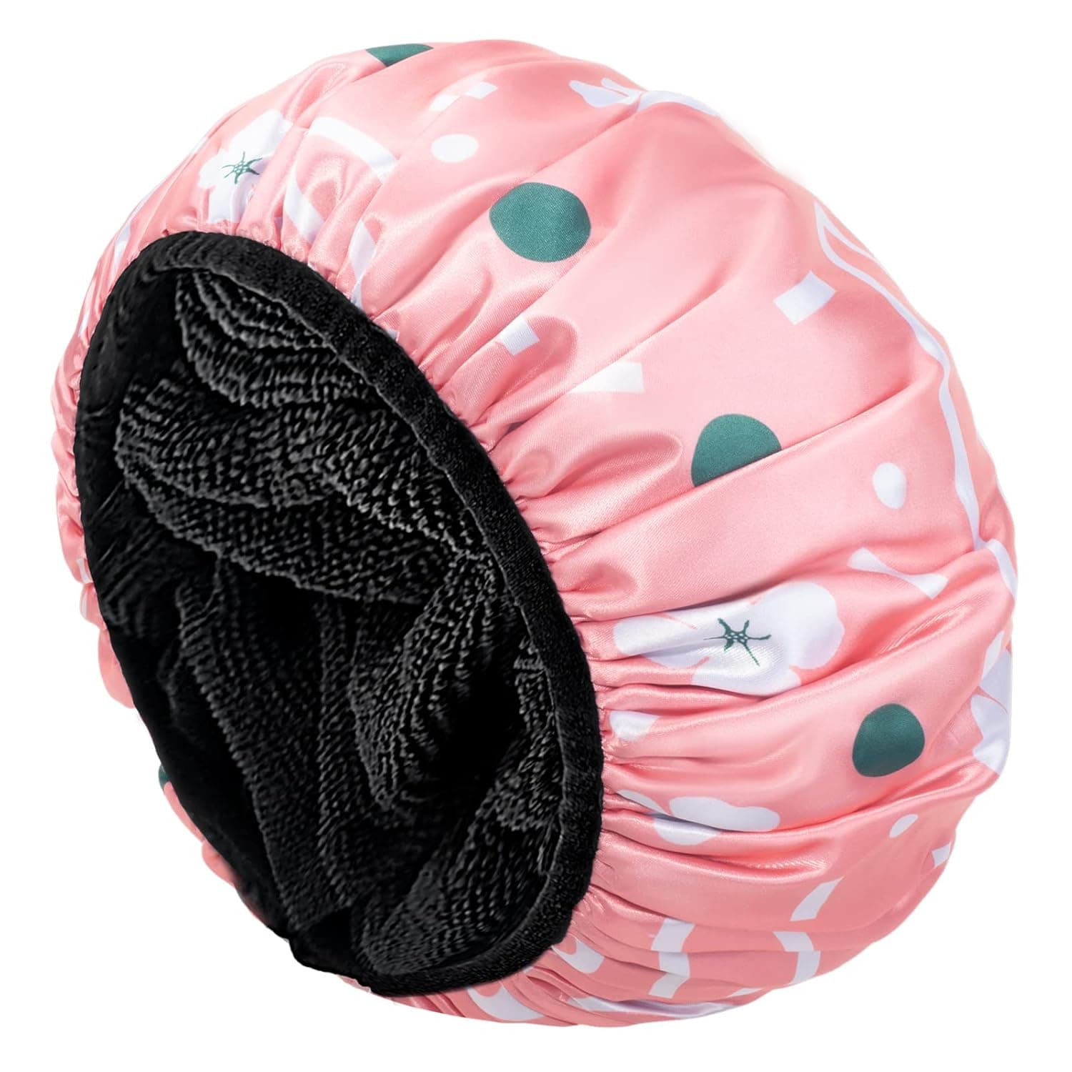 Aquior Shower Cap,Extra Large Triple Layer Bathing Cap with Dry Hair Function for Women Microfiber Terry Cloth Silky Satin 100% Waterproof Reusable Long Hair Bath Caps (Pink Flora)