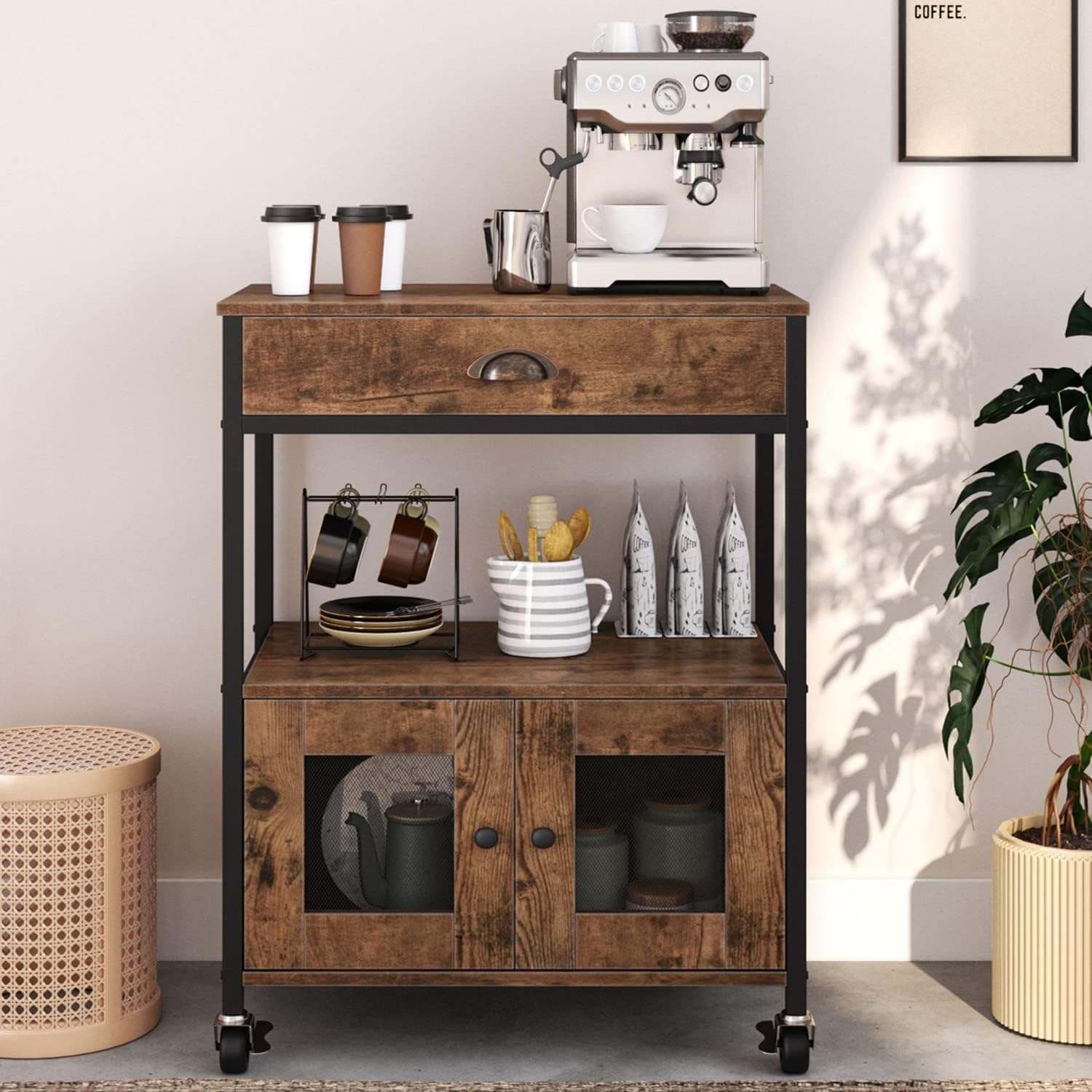 Farmhouse Coffee Bar Cart with Storage, Small Kitchen Islands on Wheels, Industrial Rolling Kitchen Island with 2 Doors and 1 Large Drawer, Kitchen Cart with Open Shelf for Small Space, Rustic Brown