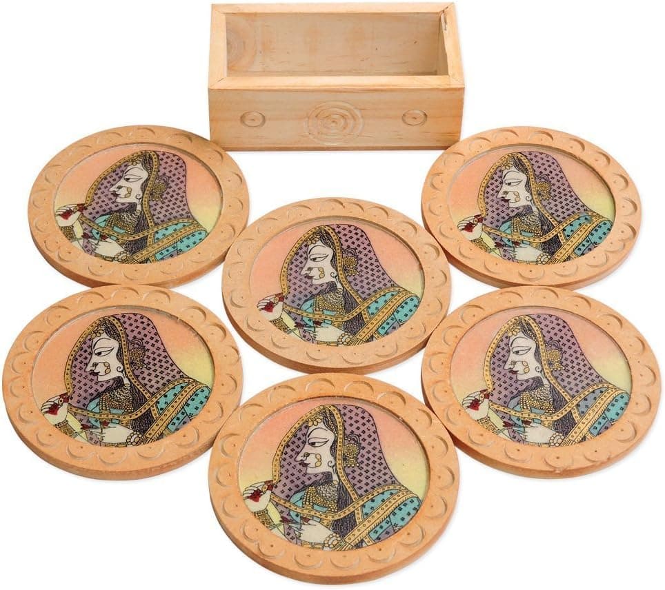 Ancient Impex - Wooden Drink Coasters | Wood Coaster Set with 6 Round Handmade Table Coasters and Wooden Holder for Tea Cups, Coffee Mugs, Beer Cans Bar, Tumblers and Water Glasses