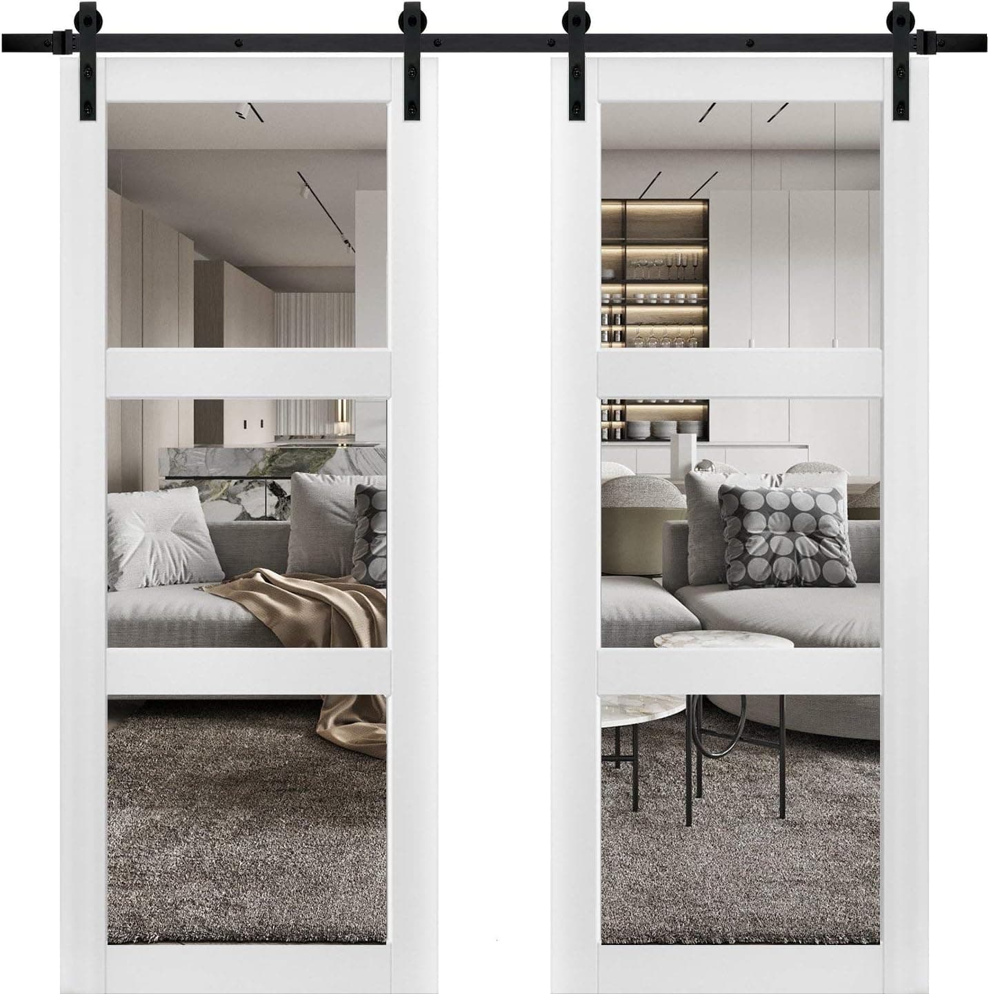 Sturdy Double Barn Door 36 x 80 inches with Clear Glass 3 Lites | Lucia 2555 Matte White | Top Mount 13FT Rail Hangers Heavy Set | Solid Panel Interior Doors