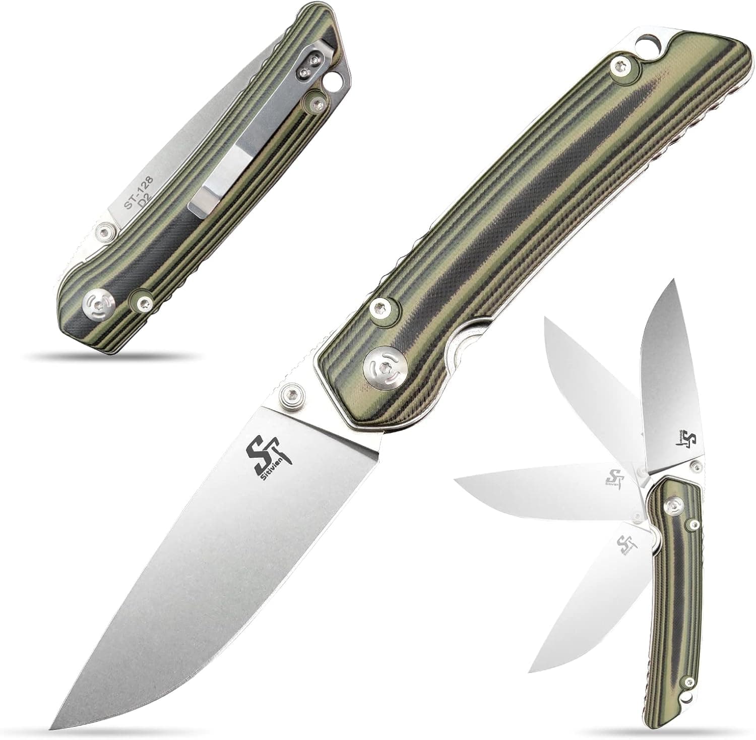 Sitivien ST128 Folding Knife,D2 Blade,G10 Handle Folding Knife with Clip, Safety Liner Lock,EDC Tool Knife for Outdoor Hiking Camping-Desert