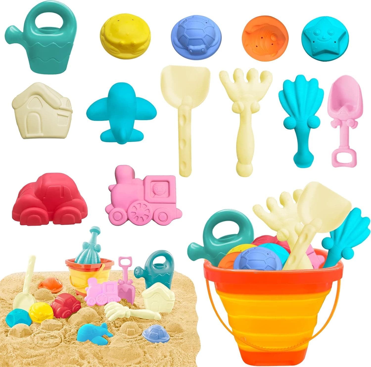 weiff Beach Toys, 14Pcs Beach Sand Toys Set for Kids, Foldable Sand Bucket and Shovels Set with Sand Molds for Toddler Boys Girls(14Pcs)