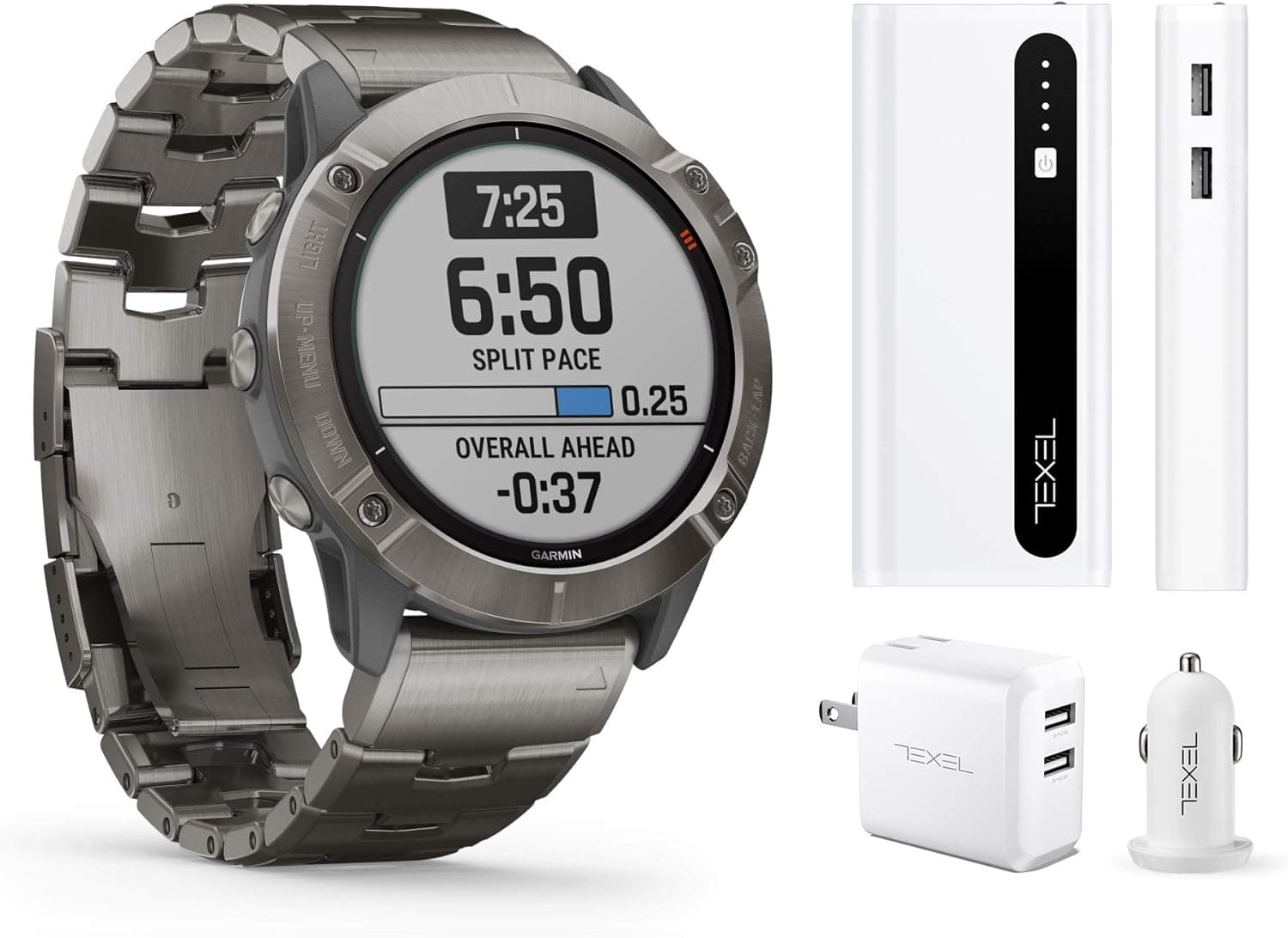 Garmin Fenix 6X Pro Solar Titanium with Vented Titanium Bracelet, Premium Multisport GPS Watch (010-02157-23) and Texel 10,000mAh Portable Battery Pack, Wall and Car Charger Bundle