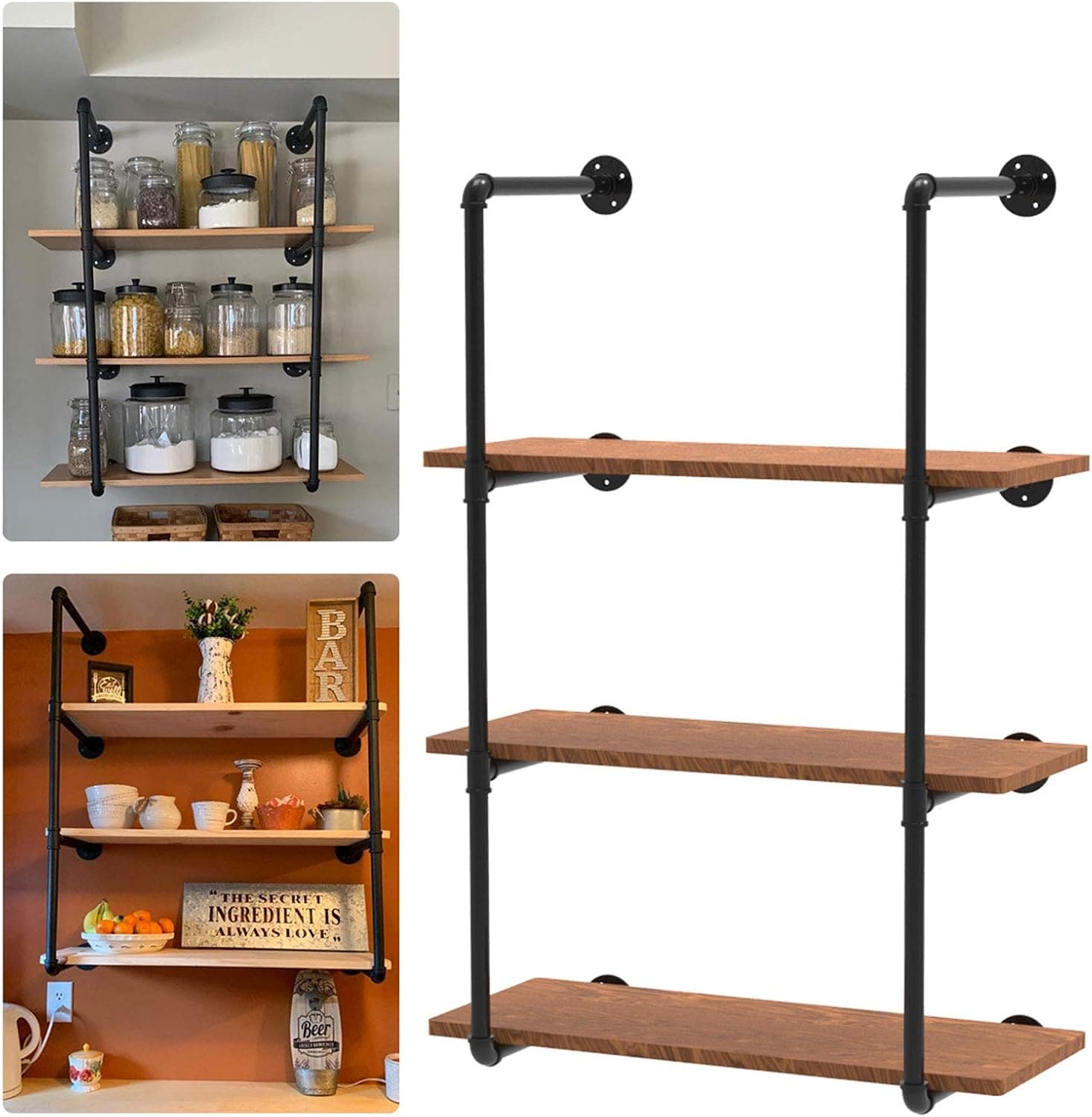 Industrial Wall Mount Iron Pipe Shelf Brackets Vintage Retro Black Pipe Shelving for DIY Shelves Bookshelf Storage Office Room Kitchen - 4 Tier Plank Board No Included