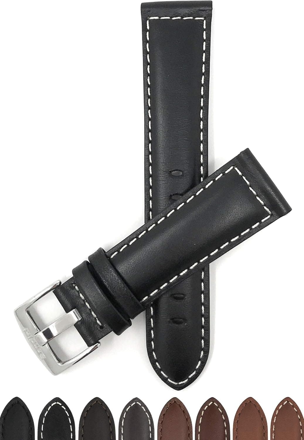 Mens Leather Watch Band Strap - White Stitch - 4 Colors - 18mm, 20mm, 22mm, 24mm, 26mm, 28mm, 30mm (Also in Extra Long XL)