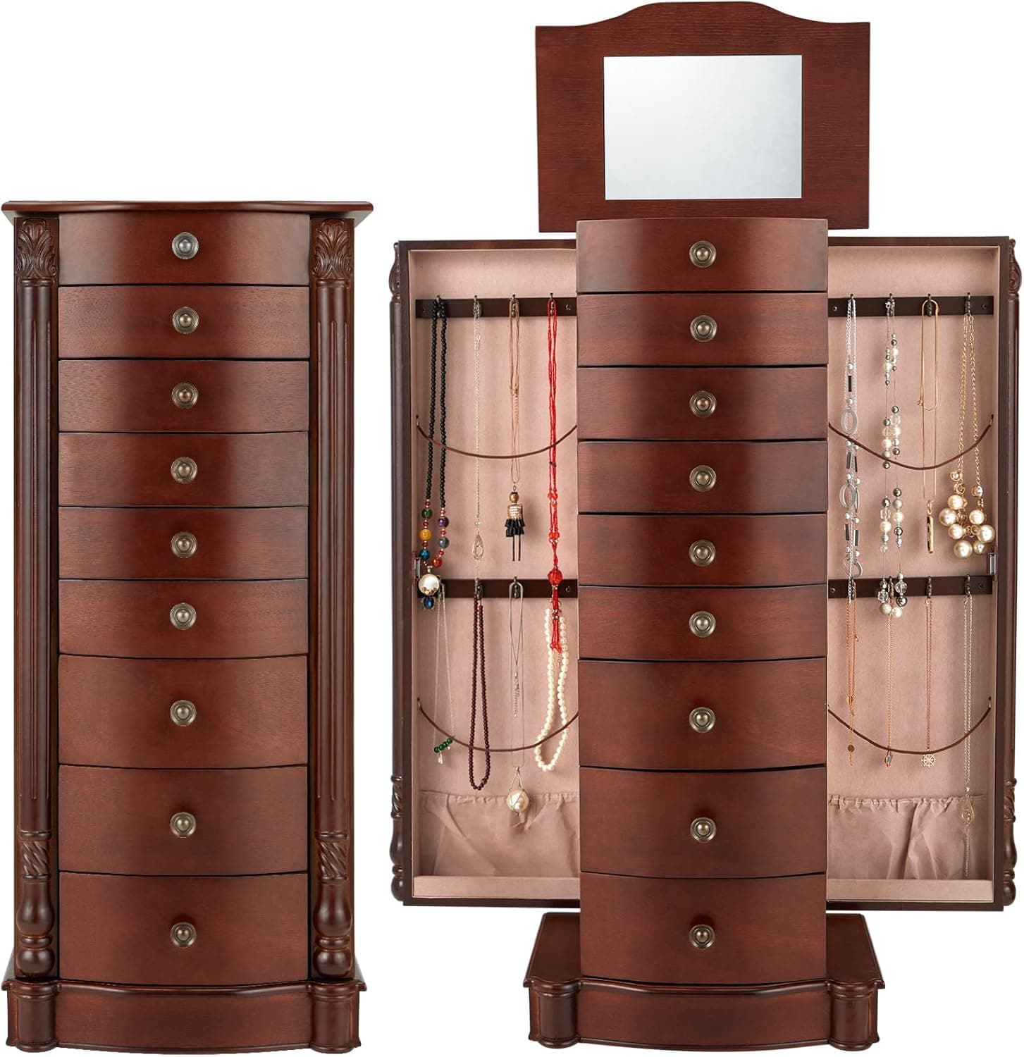 AVAWING Large Standing Jewelry Cabinet Armoire with Top Flip Makeup Mirror, 8 Drawers & 16 Necklace Hooks, Jewelry Box Storage Organizer with 2 Side Swing Doors, Retro Standing Wood Jewelry Cabinet