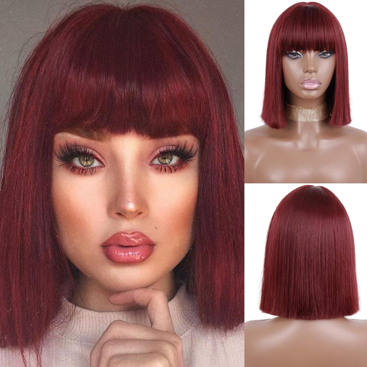 MERISIHAIR Short Red Bob Wig,Synthetic Dark Wine Red Bangs Wigs for Women,Heat Resistant Red Fiber Shoulder Length Straight Burgundy Wig for Cosplay Party Use