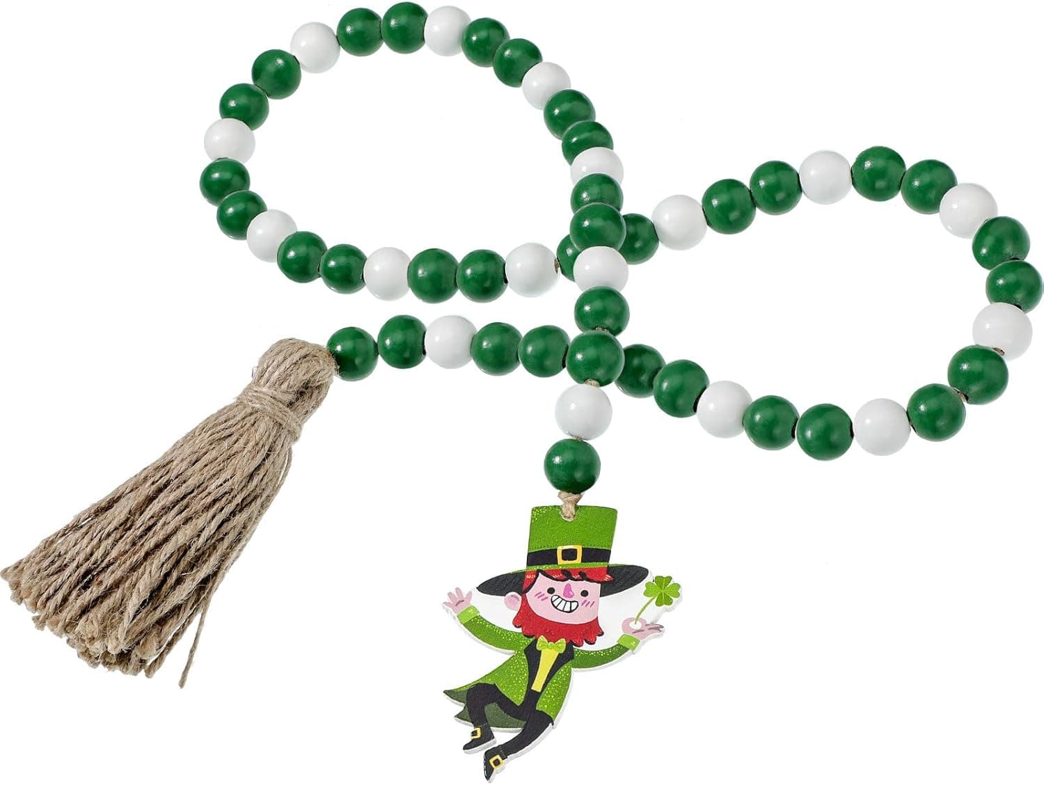 St Patrick's Day Wood Beads Tassels Beaded Garland Leprechaun Pattern Pendant Green Wooden Bead Garland Farmhouse Style Irish Decor for St Patrick's Day Tiered Tray Decorations Hanging Ornaments