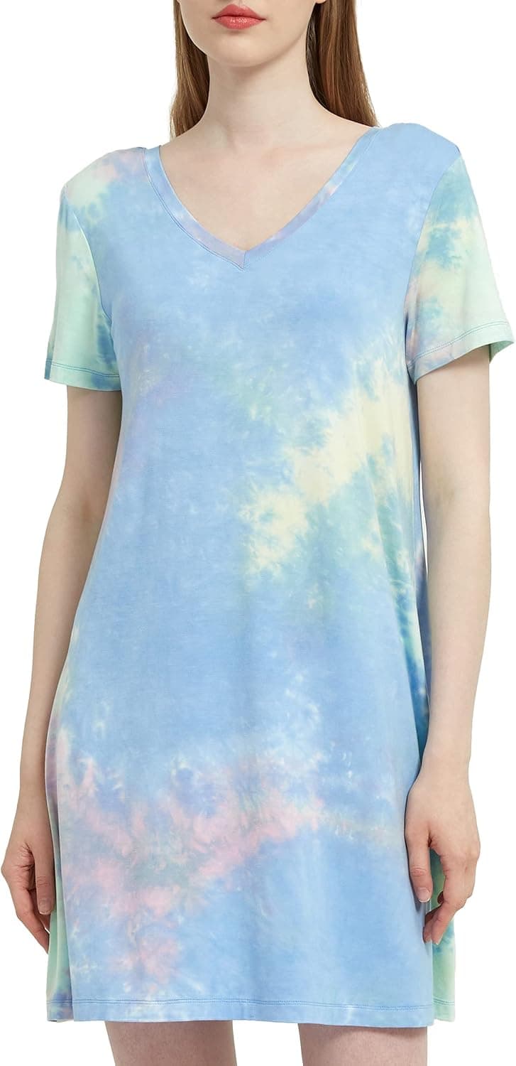 GYS Bamboo Nightgowns for Women Soft Short Sleeve Sleep Shirt Summer V Neck Nightdress Sleepwear
