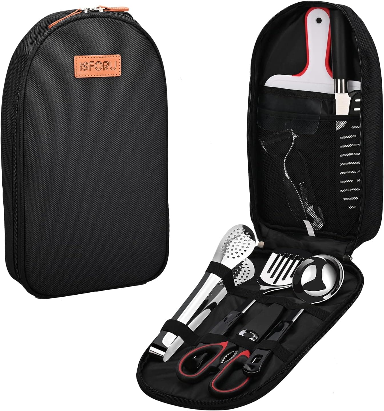 ISFORU Camping Accessories Set, Camping Kitchen Utensil Organizer Travel Set with Tongs, Cutting Board, Bottle Cutter and Water Resistant Case for Daily Meal or Outdoor Hiking Picnic and Trekking