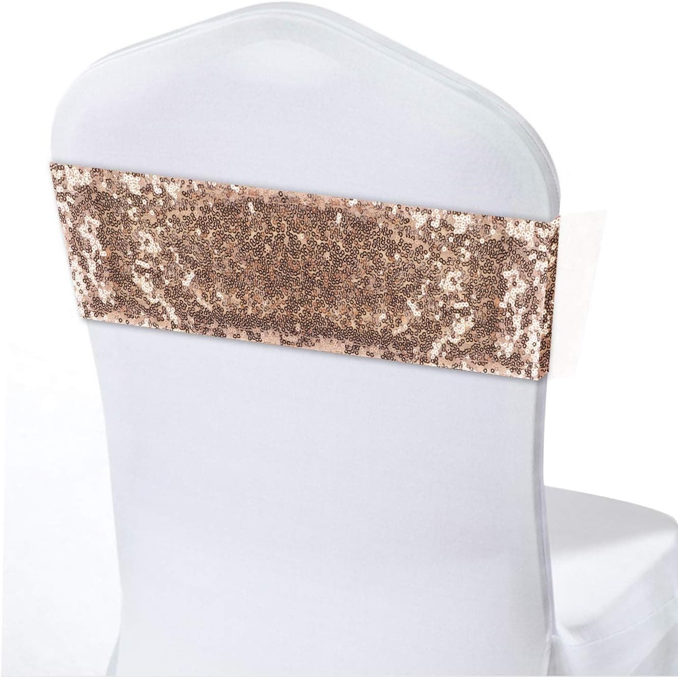 iWedn Sequin Chair Sashes Pack of 50, One Side Sequins and Stretch Spandex on The Other Side, Gold/Rose Gold/Silver Chair Sashes for Wedding, Chair Cover Decorations for Party (Rose Gold, 50)