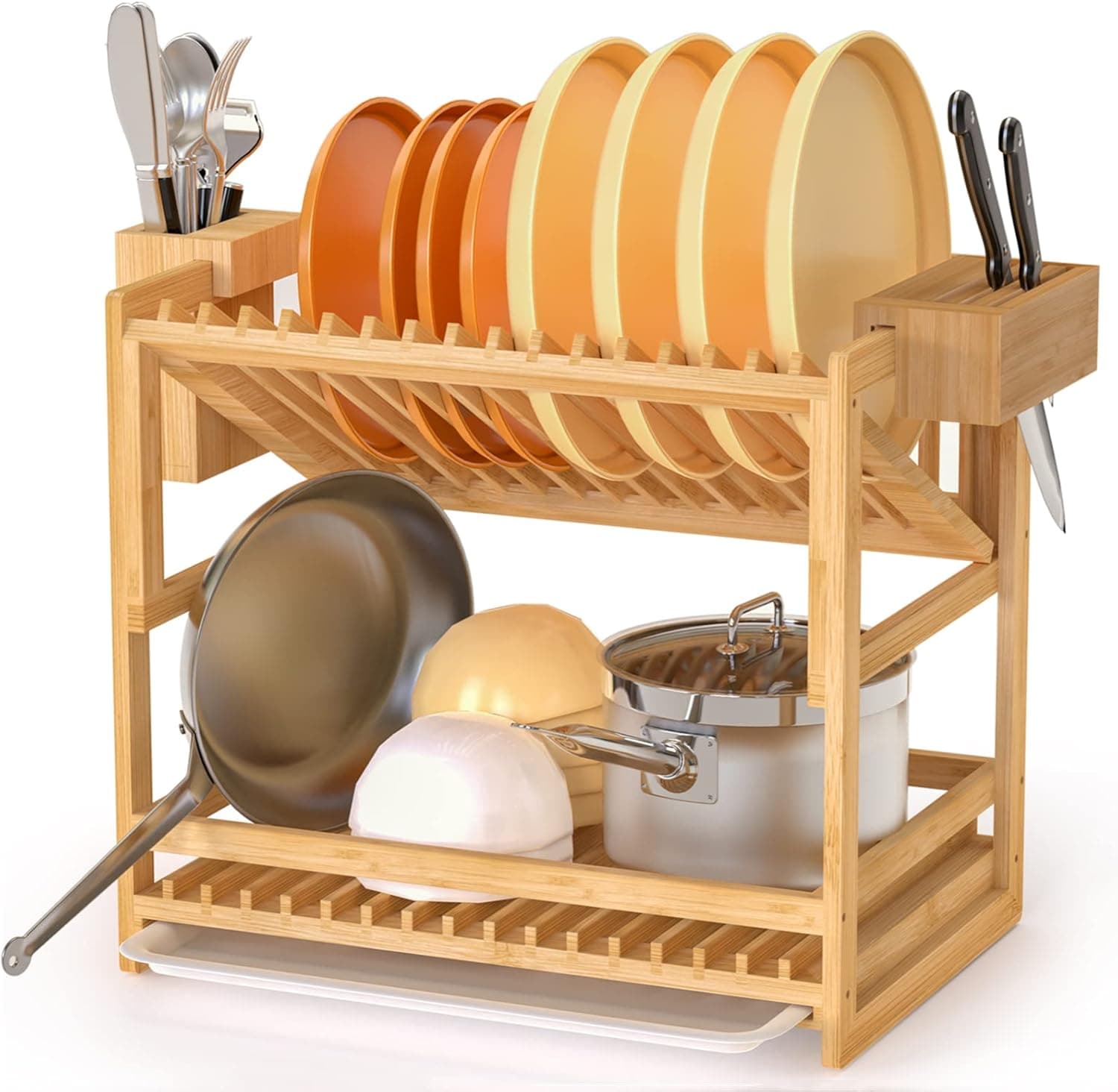 Ackitry Drying Rack for Kitchen Counter, Large Bamboo Dish Drying Rack with drainboard, 2-Tier Multifunctional Wooden Dish Drainer Rack with Removable Flatware and Kitchen Knife Holder