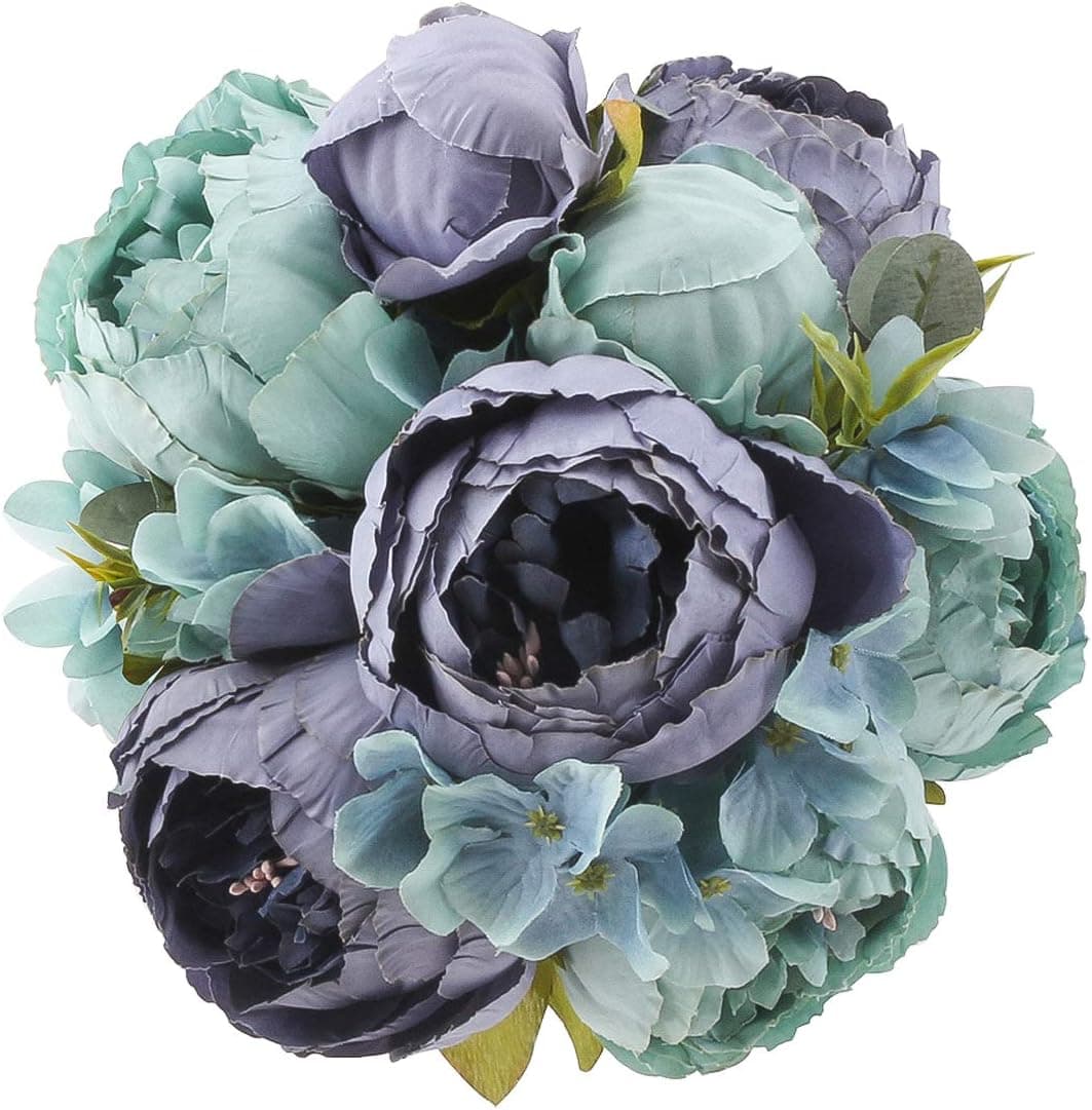 Flojery Silk Peony Bouquet Vintage Artificial Peonies Flower for Home Wedding Party Decor (1pcs, Blue)