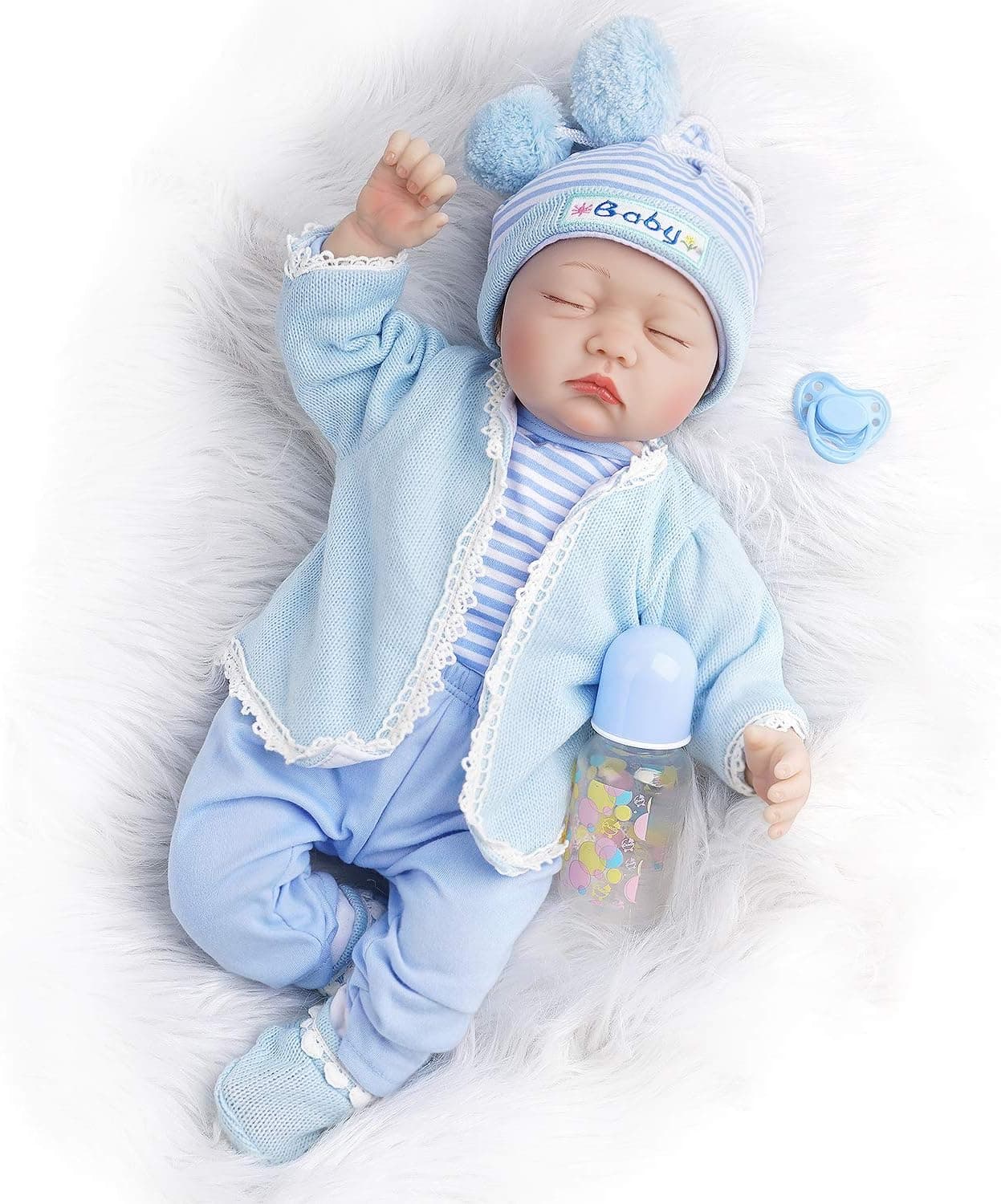TiaNara 22 Inches Realistic Silicone Real Life Doll Sleeping Reborn Baby Dolls Boy in Blue Sweater Lifelike Weighted Baby Doll 10-Pieces Doll Set in Gift Box