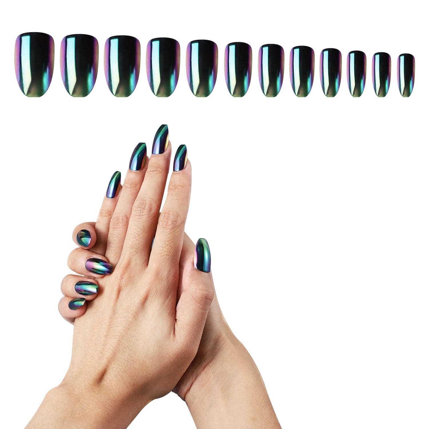 Black Press On Nails Coffin Medium, 24PCS Cosics Full Cover Glossy Fake Nail Mirror Chrome Metallic with Nail Glue Stickers, Holographic Metallic Shiny Acrylic False Nails with Design for Women