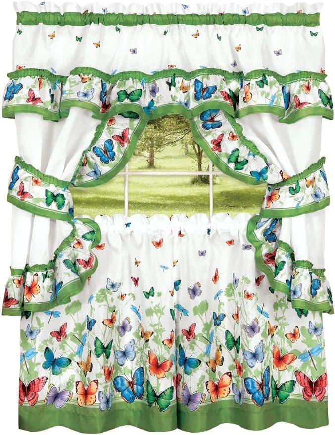 Collections Etc Butterfly Ruffled Tier Window Curtain Set with Sage Green Trim- Includes 2 Panels, 2 Tie Backs, and Swag Valance, 57" X 36"