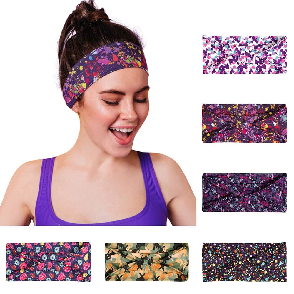 sissycos 6 Pack Women's Headbands Adjustable Knotted Bows Hair Bands Elastic Non Slip Headwraps (80s Color Splash)