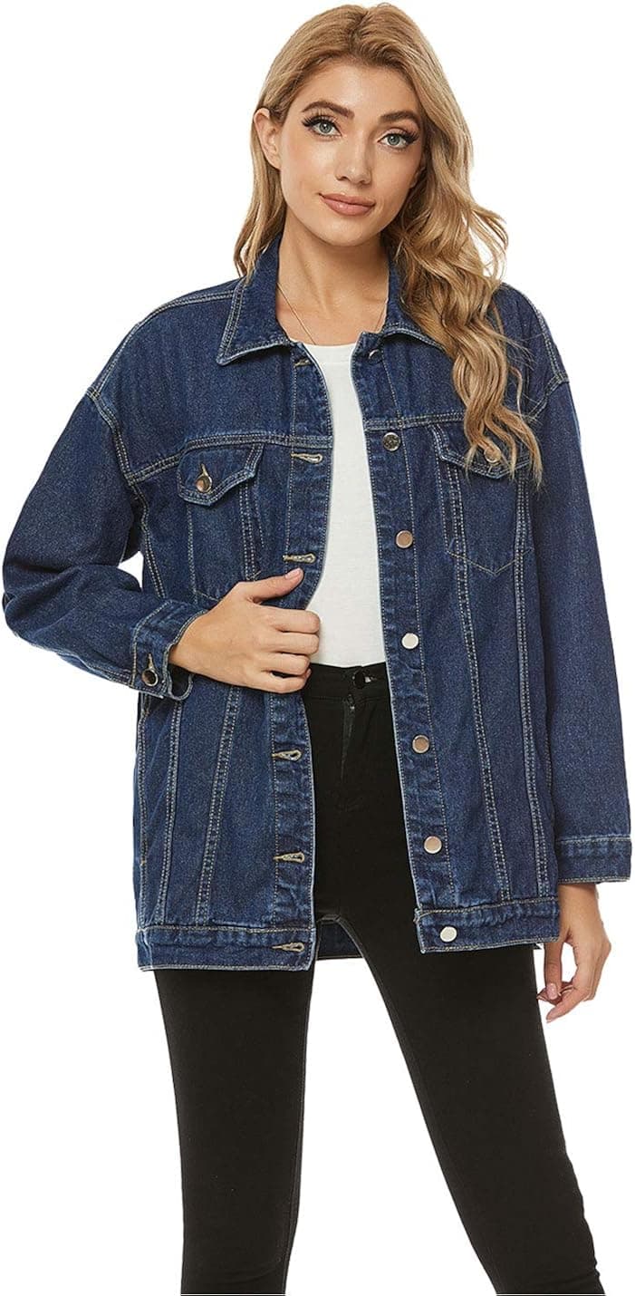 PUWEI Women's Oversized Denim Jacket Distressed Lapel Button Up Long Sleeve Jean Jacket with Pockets