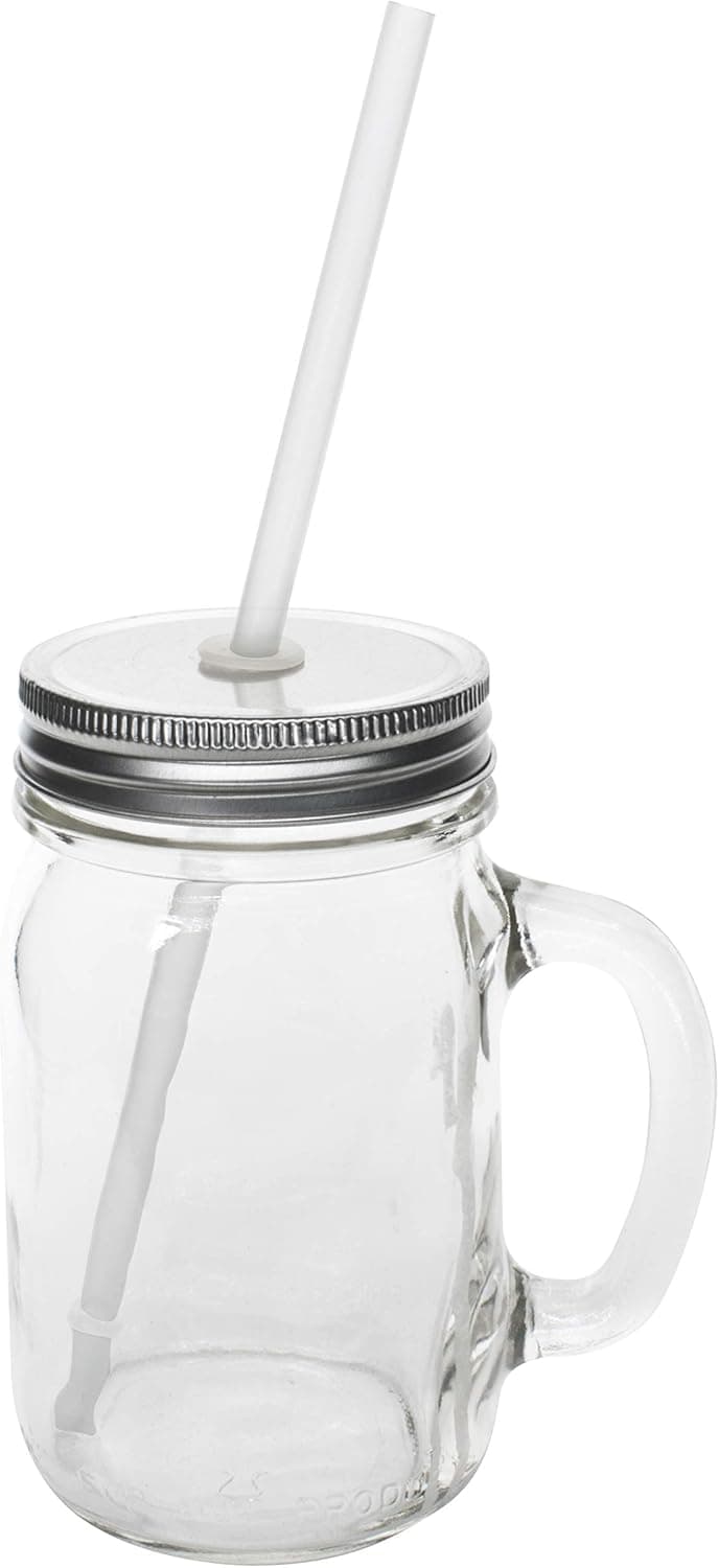 Sunshine Mason Co. Glass Mason Jar Drinking Mug set with handle, Silver lids and Clear Straws, Set of 6
