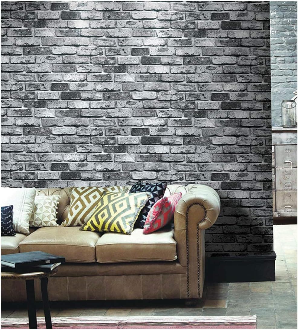 HaokHome 69092 Faux Brick Wallpaper PVC Vintage Black/Grey Brick Wallpaper 20.8" x 393.7" for Home Bar Wall Decoration