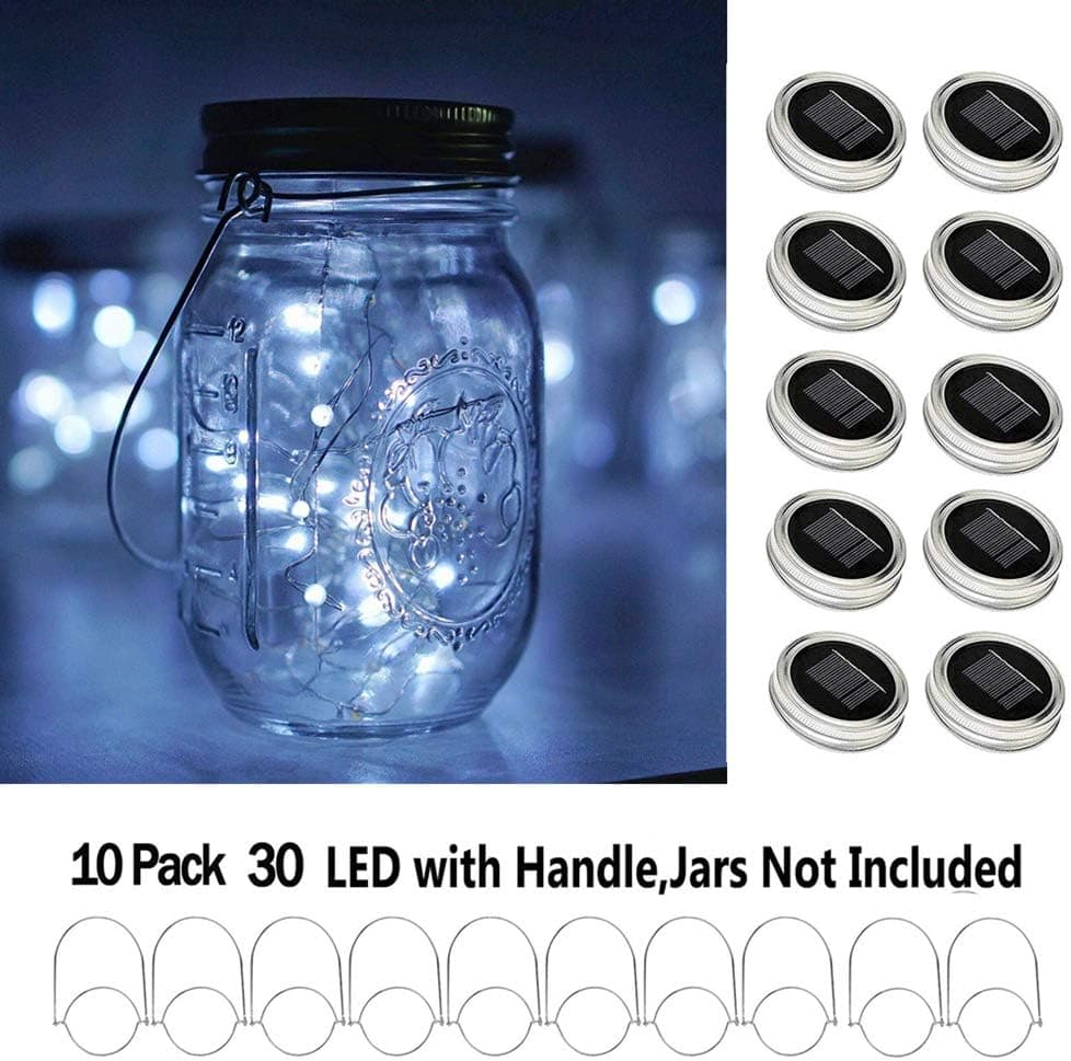 Shelley Solar Mason Jar Lid Lights,10 Pack 30 LEDs(Hanger Included) String Fairy Lights Solar Laterns Table Lights,Great Outdoor Lawn Decor for Patio Garden, Yard(No Jars) (Cool White)