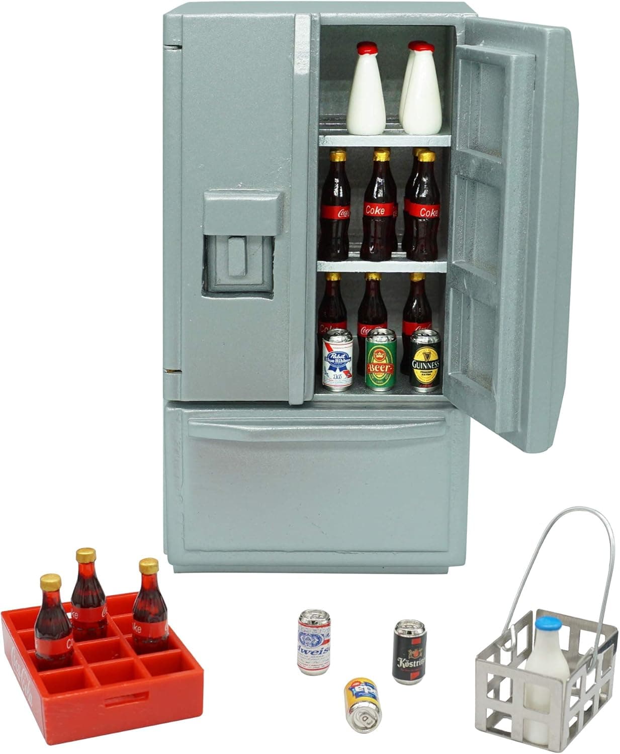 SAMCAMI Dollhouse Furniture Toy Refrigerator - Doll House Furniture Toys for Dollhouse Kitchen - Miniature Dollhouse Furniture 1 12 Scale Incl Toy Fridge, Beer and Other Dollhouse Accessories (Silver)