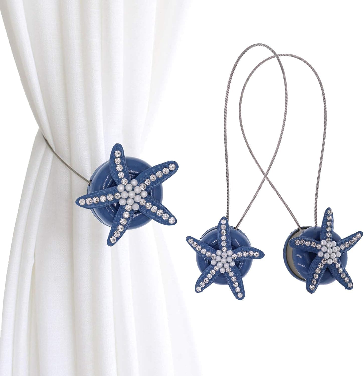 CHICTIE 2 Pieces Starfish Curtain Tiebacks Magnetic Drapery Holdbacks Decorative Pearl Crystal Sea Stars Metal Buckle Clip for Living Bedroom (Blue)