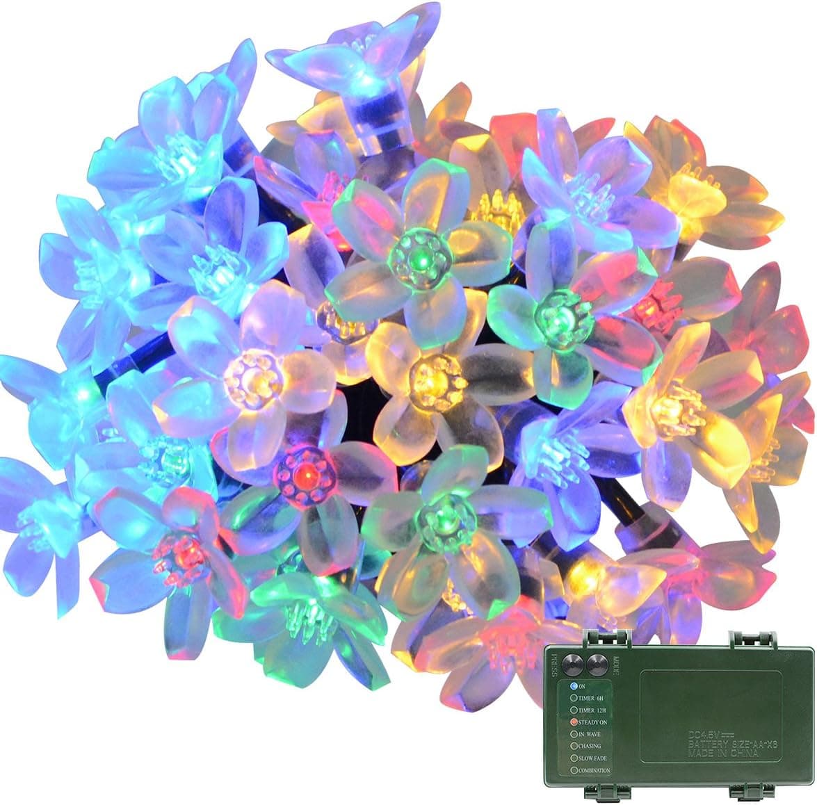 VMANOO Battery Operated Timer String Lights 50 LED Blossom Flower Fairy Christmas Lighting Decor for Outdoor, Indoor, Garden, Patio, Bedroom Wedding Decorations (Multi Color)