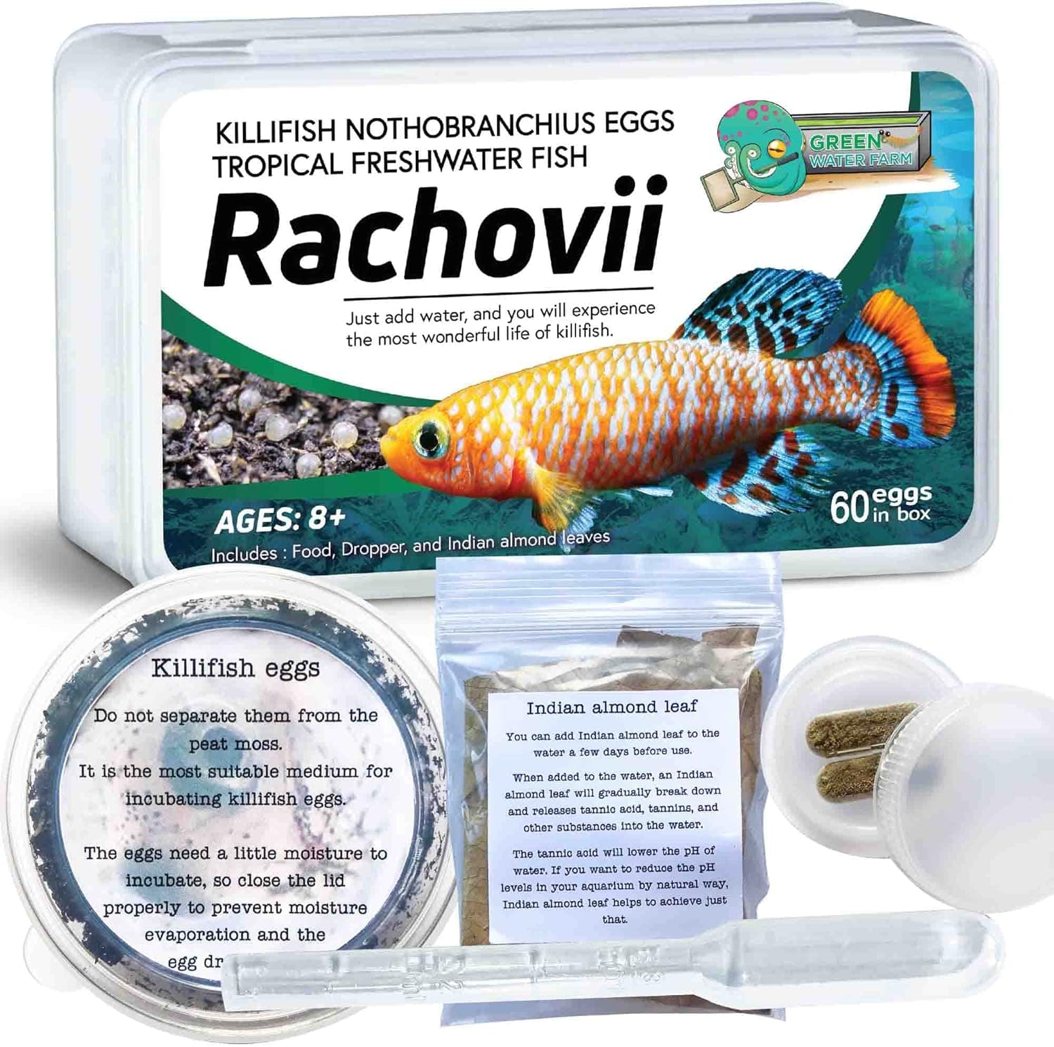 GREEN WATER FARM Killifish Eggs Nothobranchius [Rachovii] - Tropical Freshwater Fish Eggs for Hatching, Packed with Food, Dropper, and Indian Almond Leaves, Suitable for Education and as a Hobby