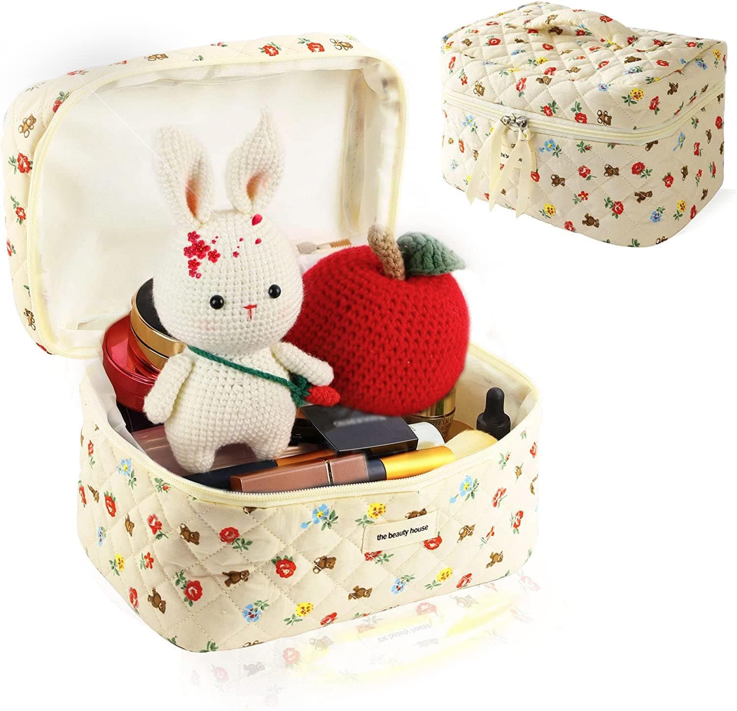 Pellapet Quilted Cotton Makeup Bag, Lightweight & Multifunctional Cosmetic Bag for Women,Large Travel Make Up Organizer for Toiletries & Accessories, Cute Coquette Aesthetic Pouch(Bag Only)