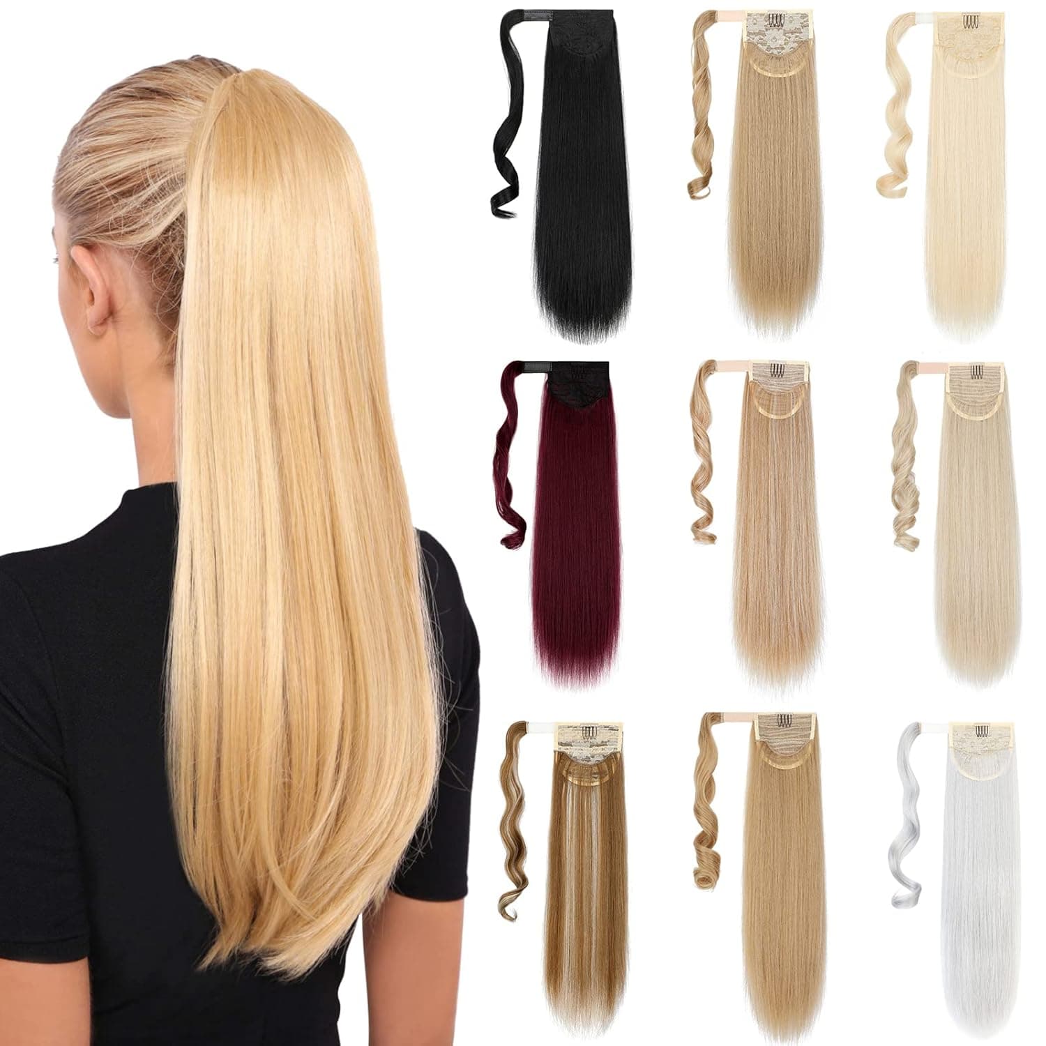XBwig 18" 22" Wavy Straight Ponytail Extensions Unique Pocket in Hairpiece Wrap Around Long Hair Extensions for Women Girl Black Brown Blonde