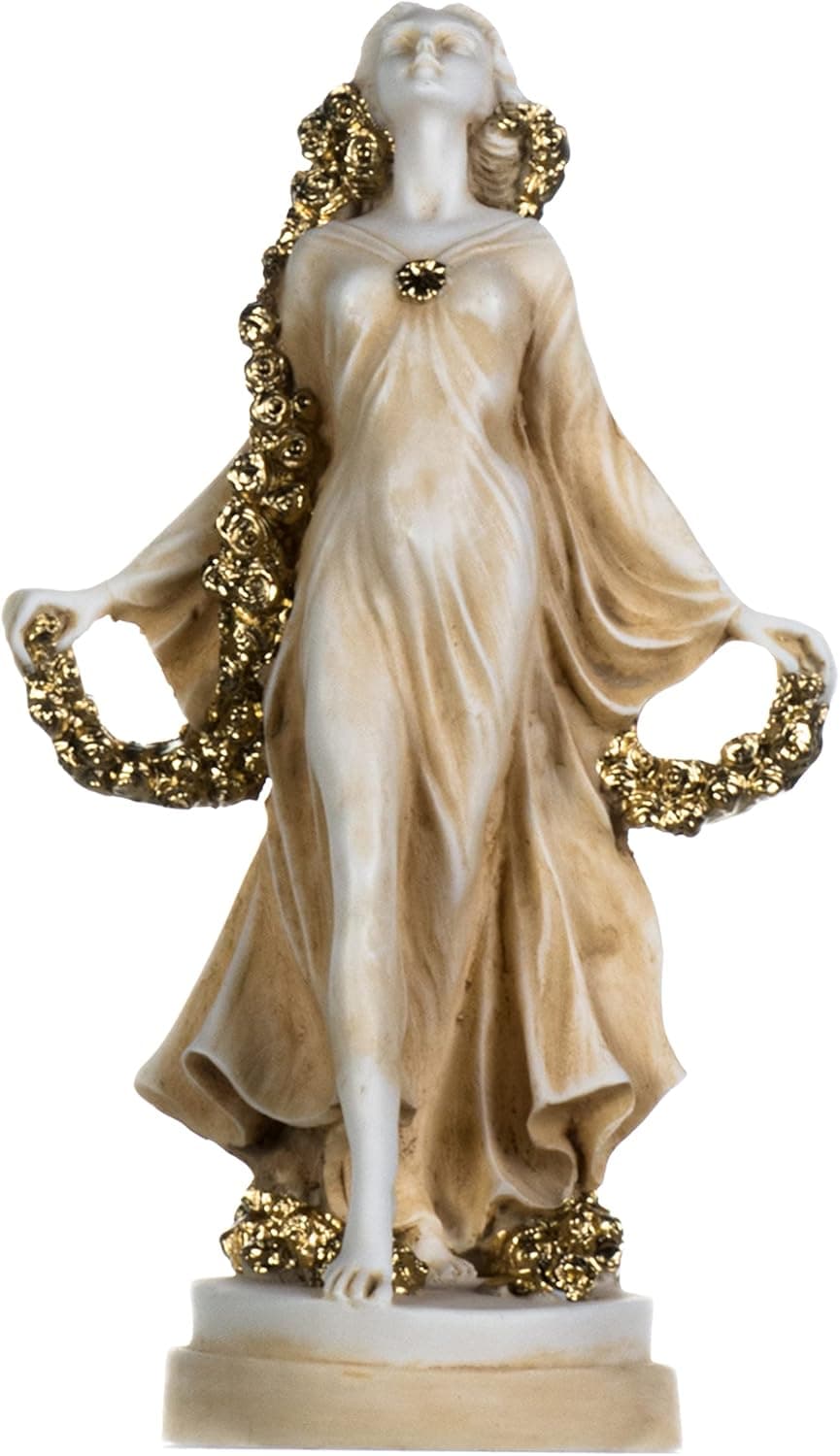 BEAUTIFUL GREEK STATUES Flora Goddess Golden Maiden of Blossoms Flowers Molded Marble Statue Sculpture