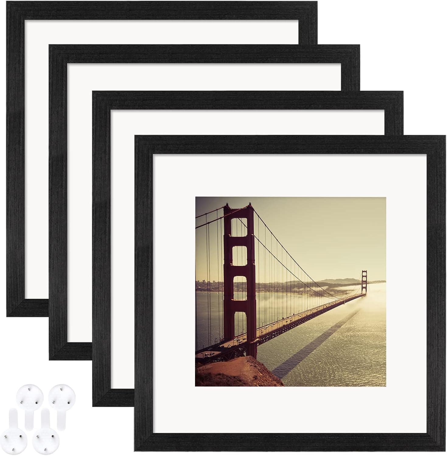 GUTAG 12x12 Picture Frame,Wood Veneer Frame with Wood Grain for 8x8 photo with Mat or 12x12 photo Without Mat for Rustic Home Decor,set of 4,Black