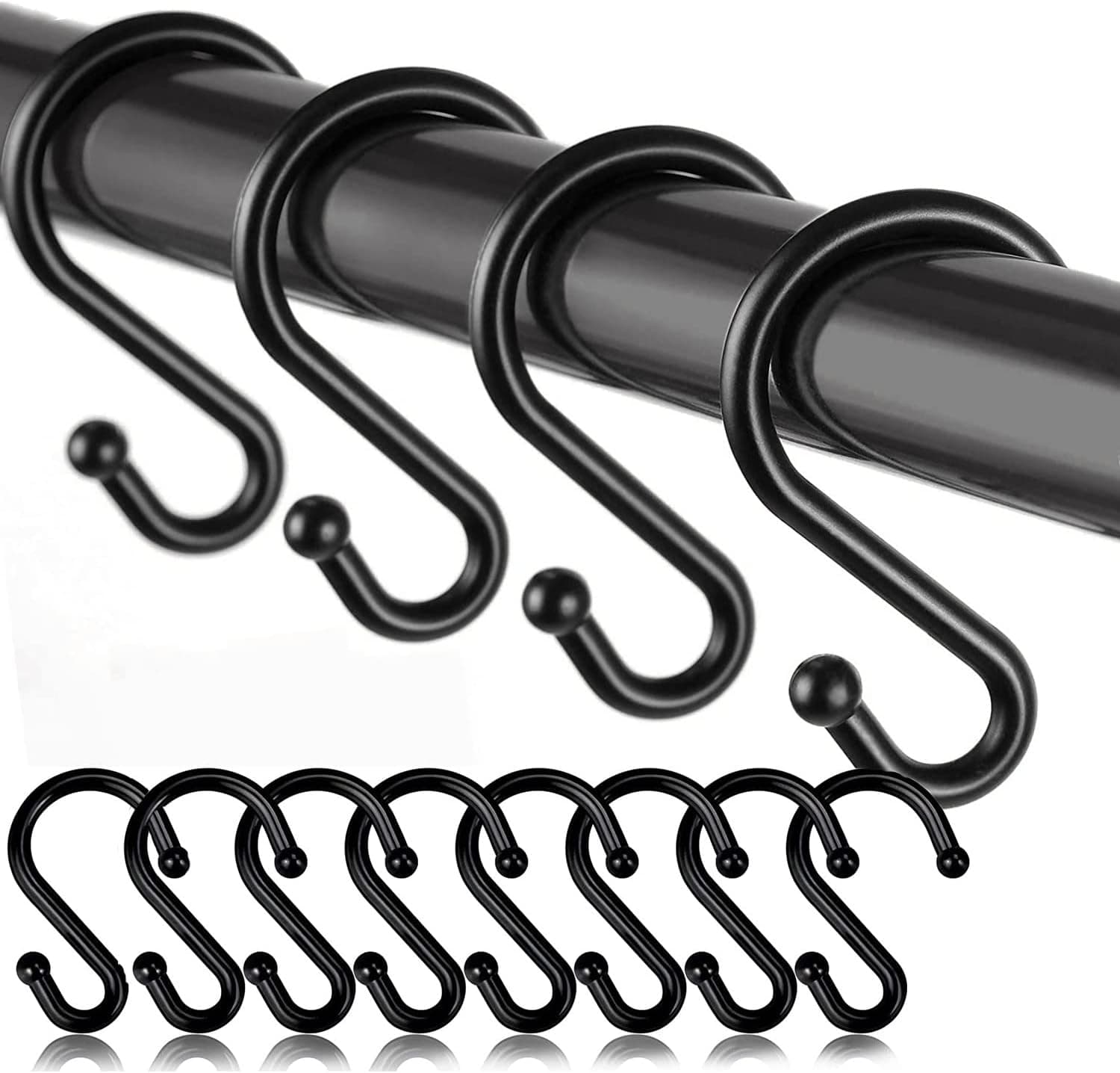 Metal Shower Curtain Hooks, Set of 12 Rust Proof Shower Curtain Rings, S Shaped Hooks Hangers for Bathroom Shower Curtains, Kitchen Utensils, Clothing, Towels, Black