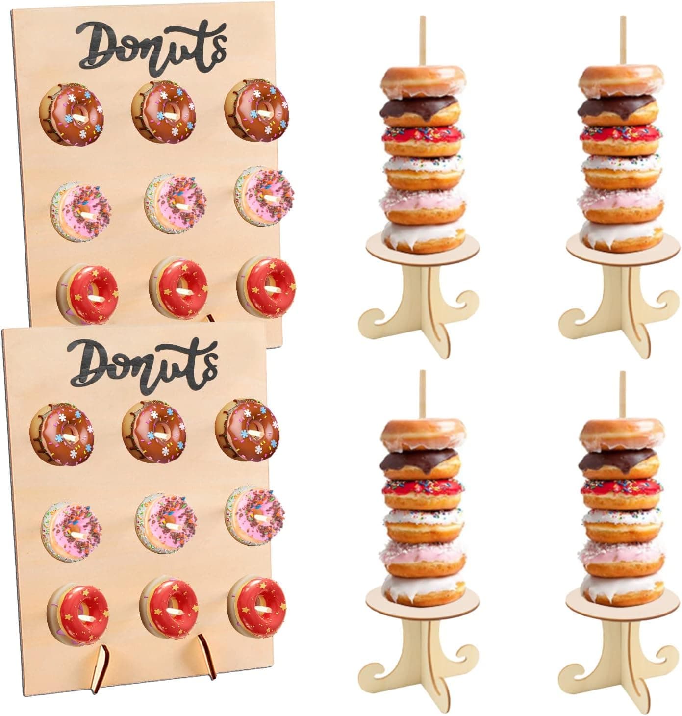2Pcs Donut Wall Display Stand, Donut Display Board, Wooden Donut Holder Stand Party with 4Pcs Donut Stand Towers for Birthday Party,Wedding Decoration