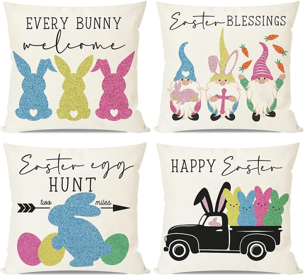 PANDICORN Easter Pillow Covers 18x18 Set of 4, Modern Farmhouse Easter Decor Egg Bunny Peeps Truck Throw Pillow Cases, Spring Easter Decorations Cushion Covers for Home Couch Sofa