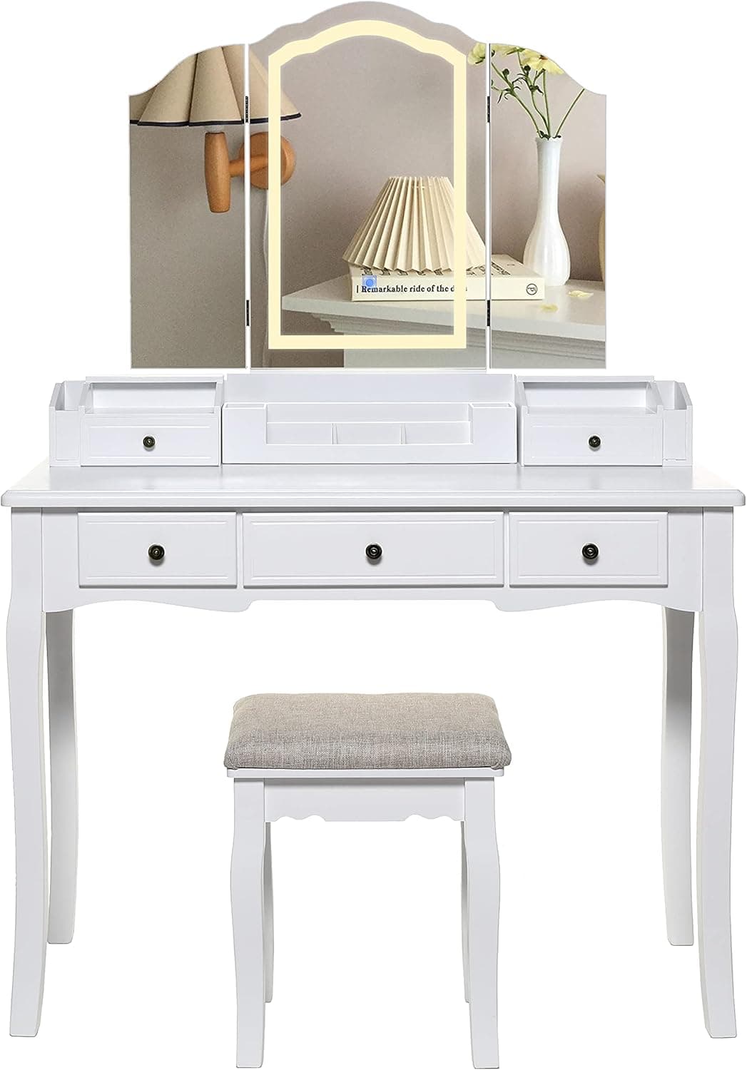 Iwell Large Vanity Table Set with 3-Folding Lighted Mirror, 5 Drawers, Makeup Vanity Dressing Table with Cushioned Vanity Stool, White, for Wife, Girl, Mother