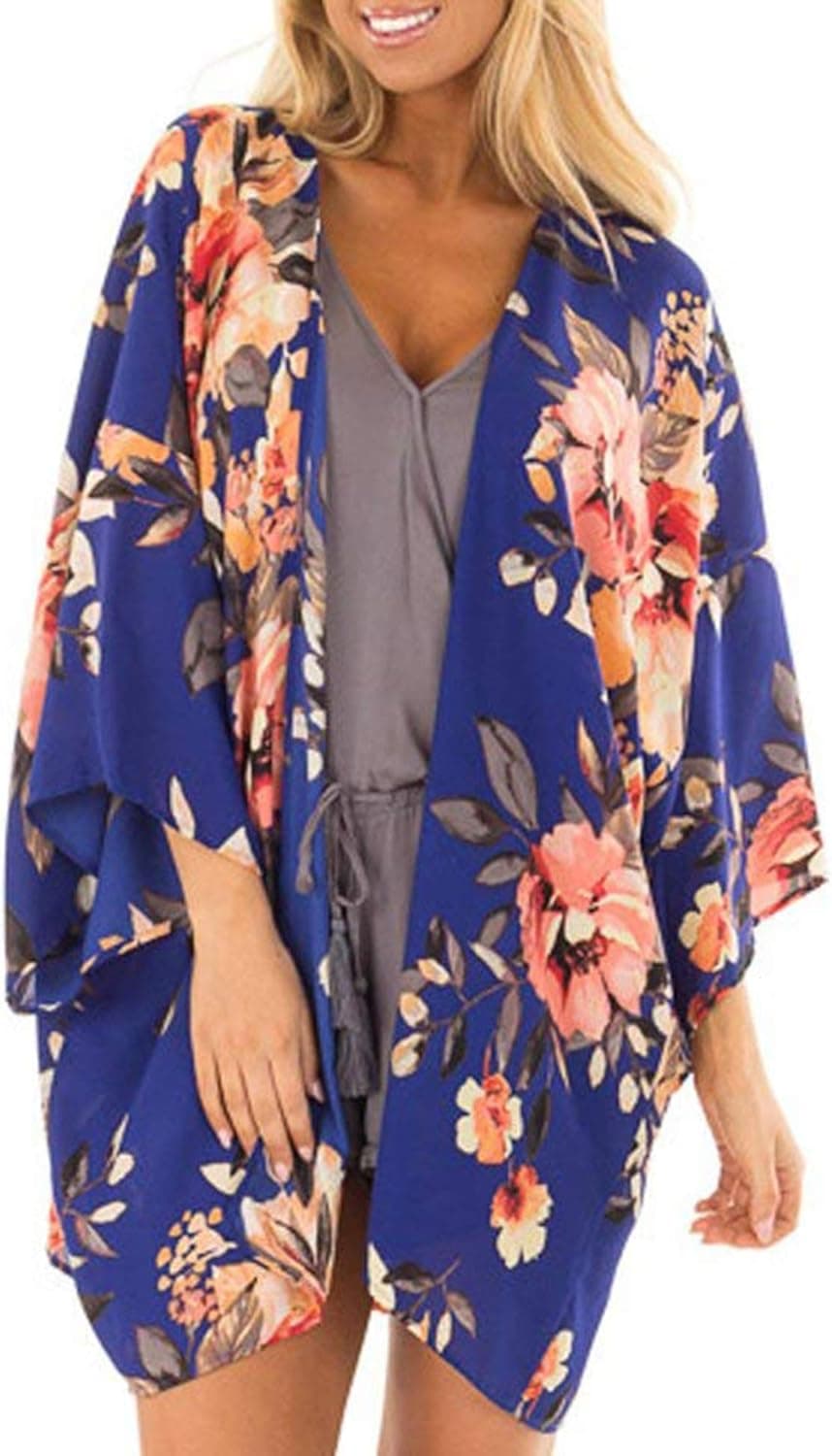 Relipop Women's Chiffon Blouse Loose Tops Beach Kimono Floral Print Cardigan