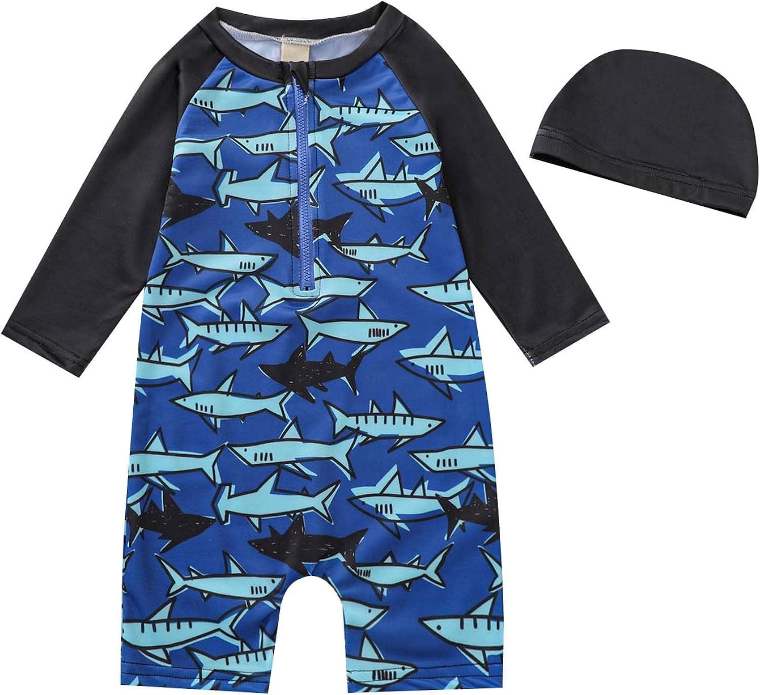 Boys Swimsuit Rash Guard Toddler Kids One Piece Bathing Suit Shark Swimwear Long Sleeve Sunsuit Beachwear with Hat UPF 50+