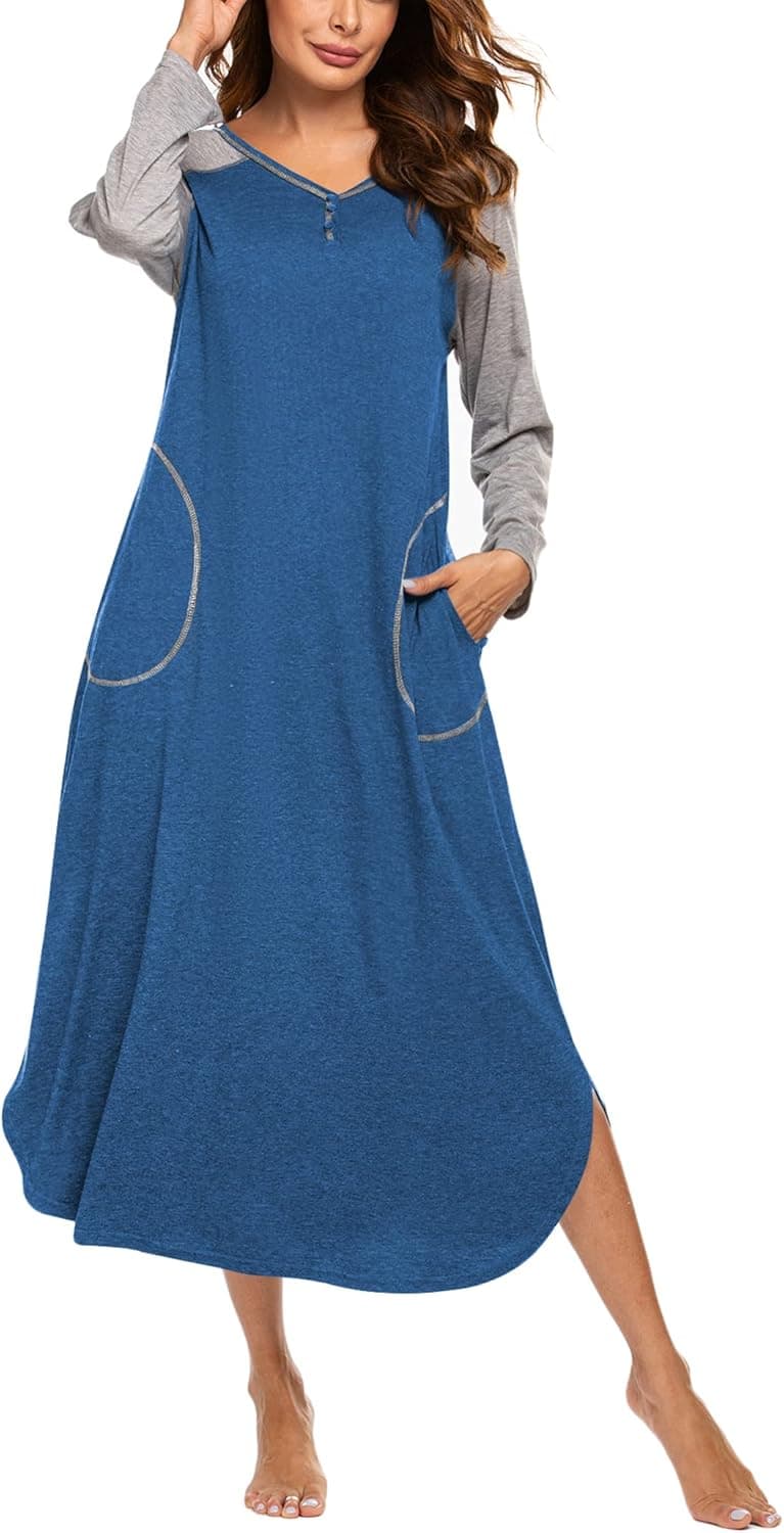 Ekouaer Women's Nightgown V-Neck Loungewear Long Sleeve Sleepwear Full Length Nightgown for Women S-4XL