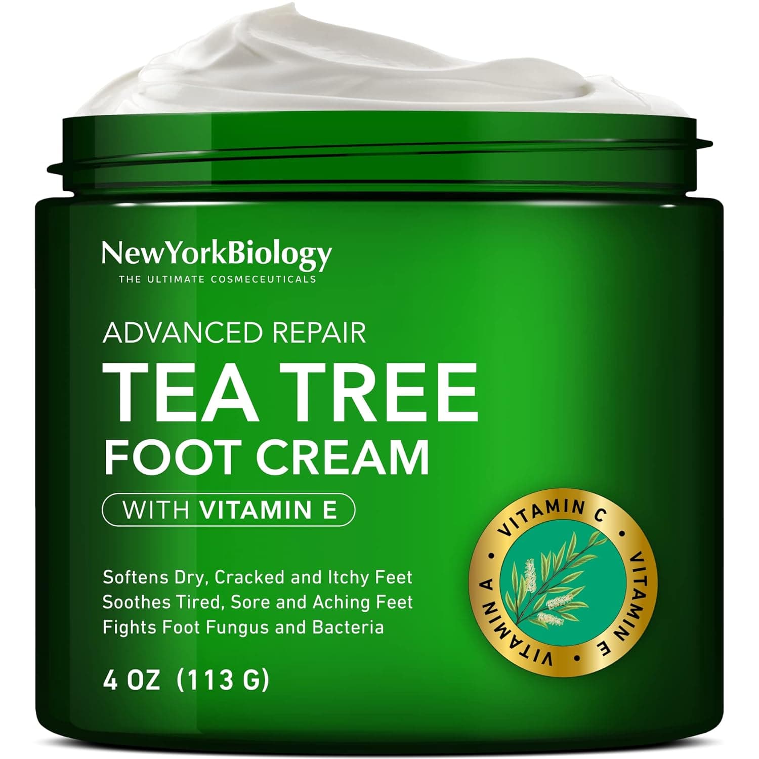 New York Biology Tea Tree Oil Foot Cream with Vitamin E, for Dry Cracked Feet, Athletes Foot, Nail Fungus, Jock Itch, Ringworm, Cracked Heels and Itchy Skin – Foot Cream - 4 oz