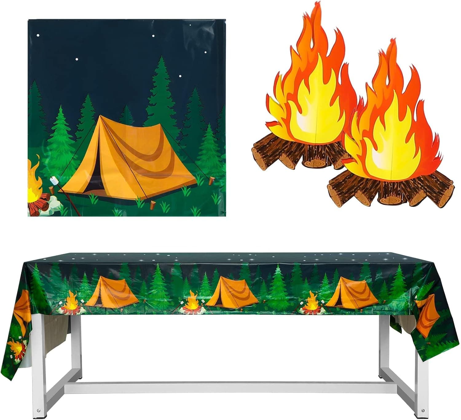 Camping Theme Tablecloth Set, Including 2 Pieces Hiking Camping Rectangle Tablecloth and 2 Piece Fake Campfire 3D Decorative Cardboard Centerpiece Decor for Birthday Shower Theme Party