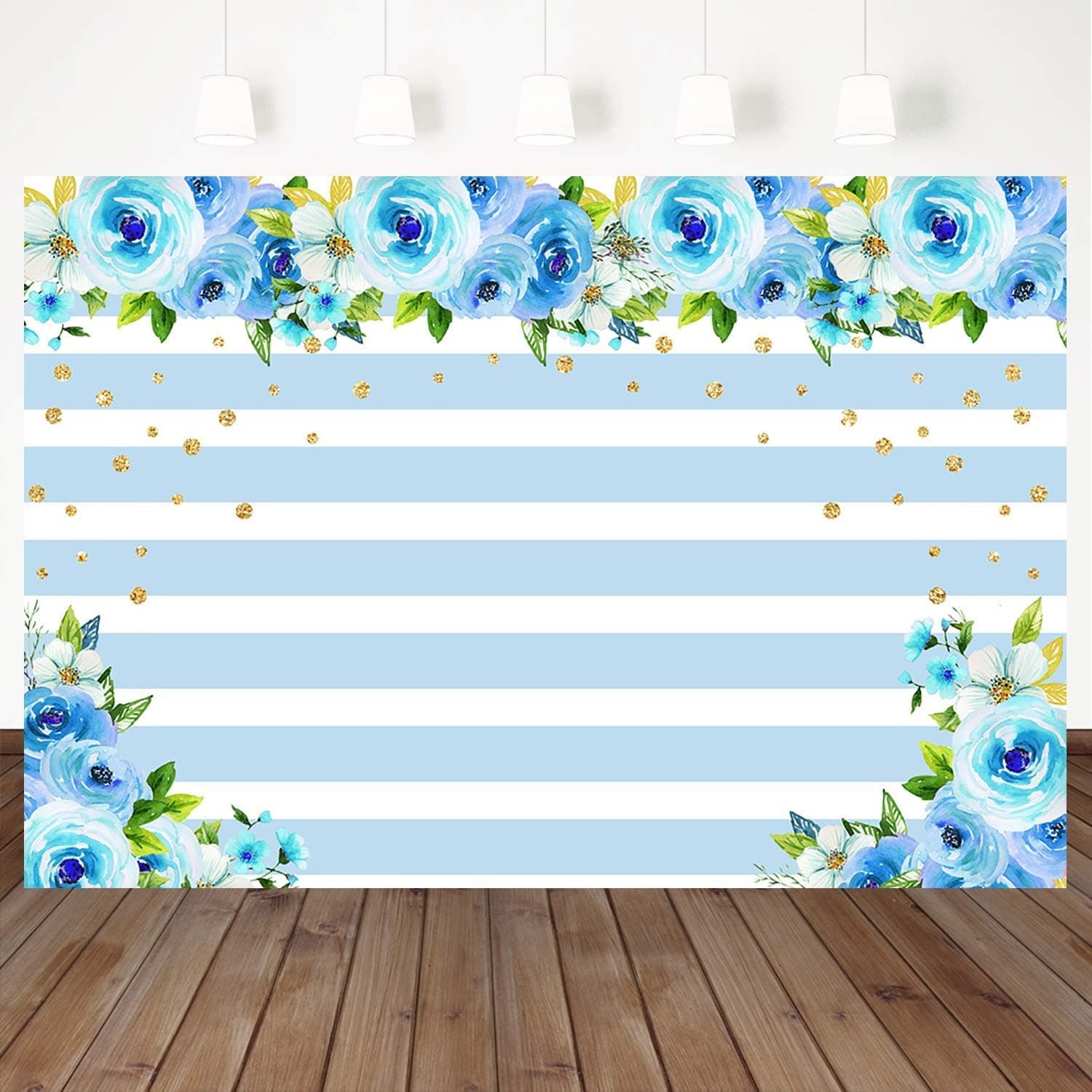 Mehofoto Blue White Striped Backdrop Blue Flowers Background Golden Dot Decoration 7X5ft Vinyl Wedding Party Backdrops Video Photography Background Props