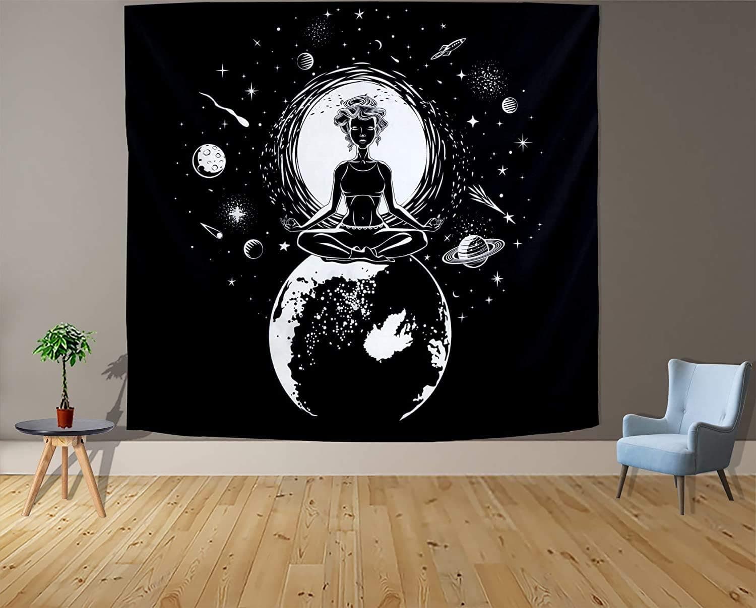 Moon Tapestry Black White Tapestry Wall Hanging for Bedroom Moon Aesthetic Mystic Chakra Meditation Planet Wall Tapestry Decor Decoration for Living Room Backdrop Dorm 60X50inch