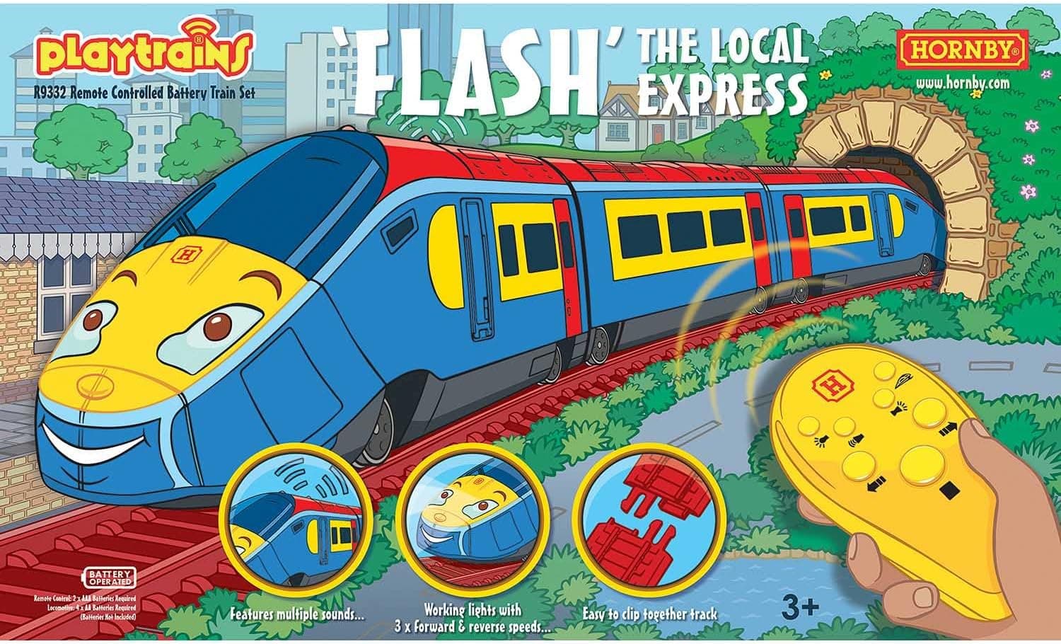 HORNBY Playtrains Flash The Local Express Remote Control Battery Operated Train Set R9332, Blue Red & Yellow