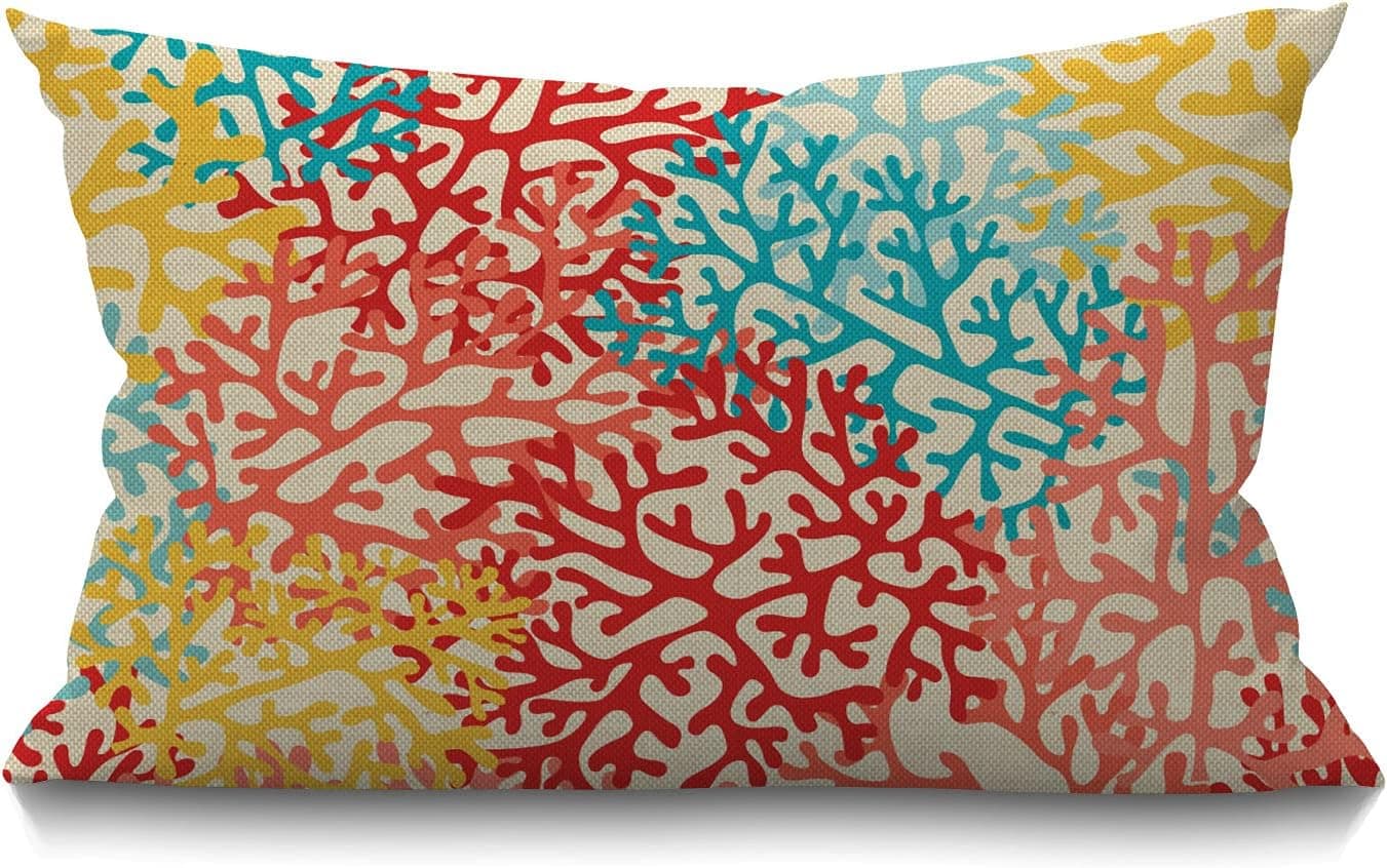 Smooffly Throw Pillow Cover Corals Colorful Artwork Light Blue Orange Red Blue Cotton Linen Throw Lumbar Pillow Case Cushion Cover Home Office Decorative Rectangle 12 X 20 Inches