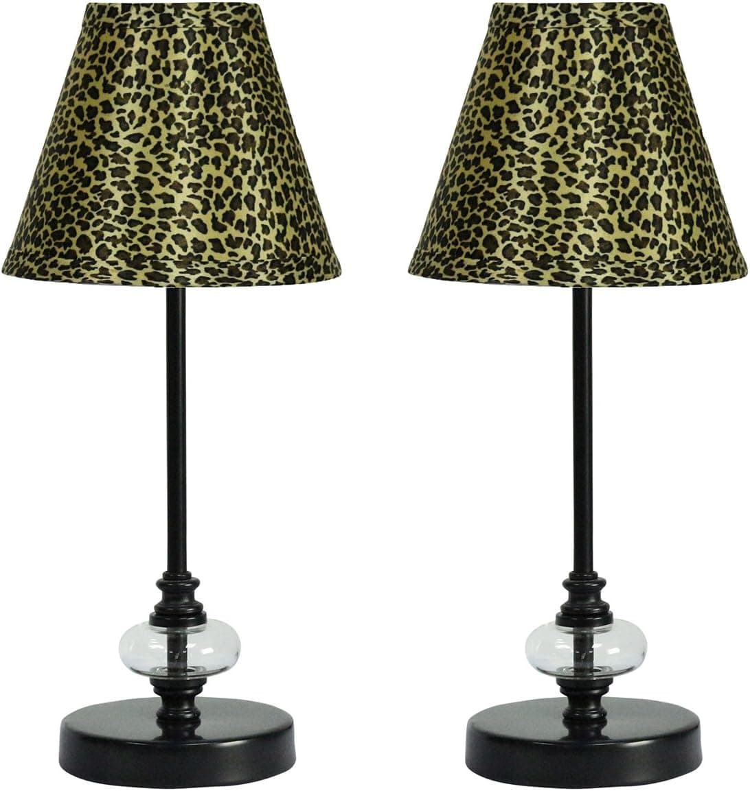 Urbanest Set of 2 Lucas Mini Accent Lamp, Black with Cheetah Hardback Lamp Shade, 15-inch Tall